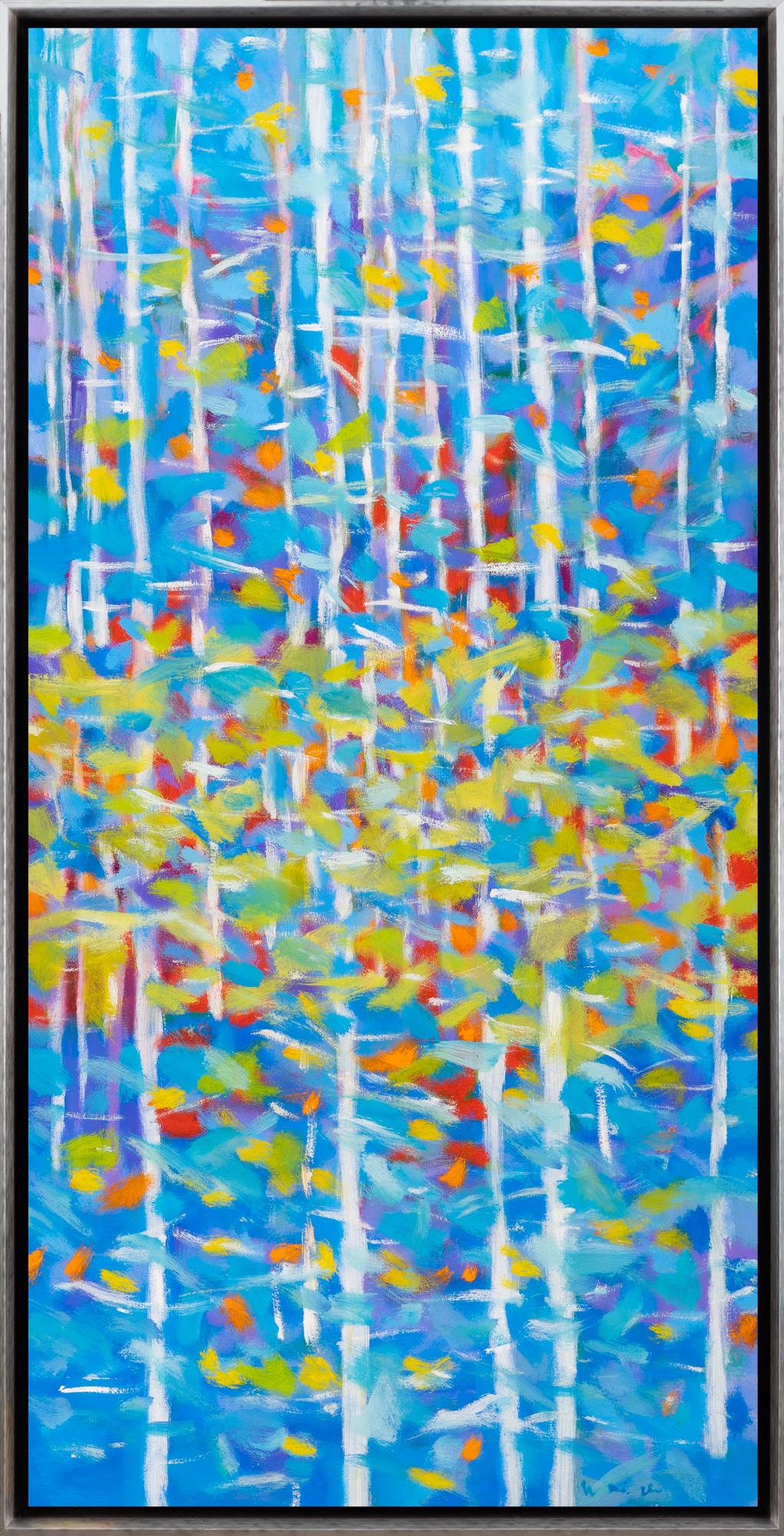 Landscape Painting de Marshall Noice - "Roble Rojo" Escena abstracta de follaje con azules, verdes y rojos