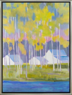 "Riverside Dairy" Peinture de paysage éclatant aux couleurs et aux arbres vives