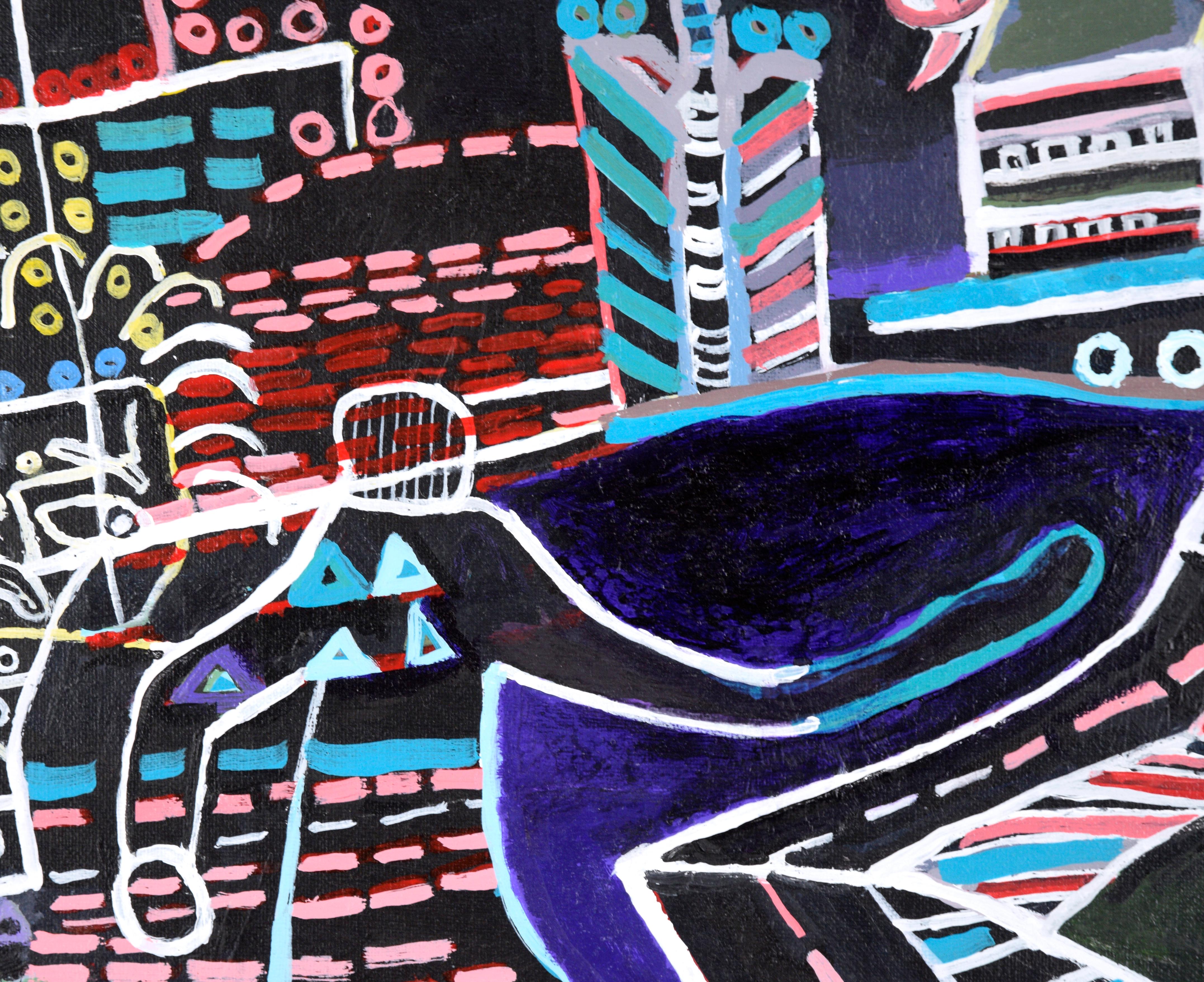 Raffigurazione surreale di una figura che cammina in una città di Marshall Woodall (americano, nato nel 1958). Il paesaggio urbano è rappresentato solo nei contorni, dando l'impressione di essere illuminato da luci al neon durante la notte. La