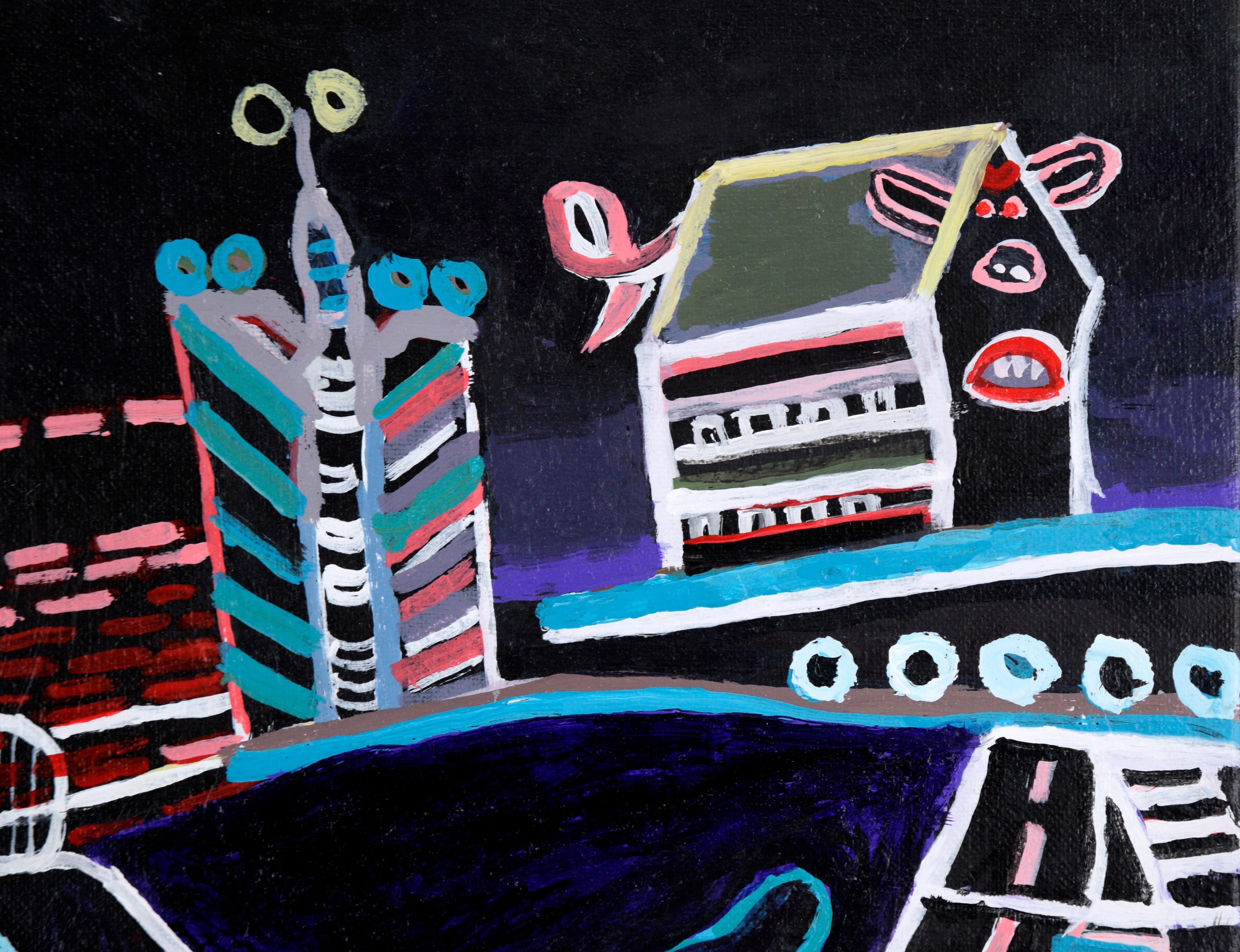 Représentation surréaliste d'un personnage marchant dans une ville par Marshall Woodall (américain, né en 1958). Le paysage urbain n'est représenté que par des contours, donnant l'impression d'être éclairé par des néons la nuit. La figure qui