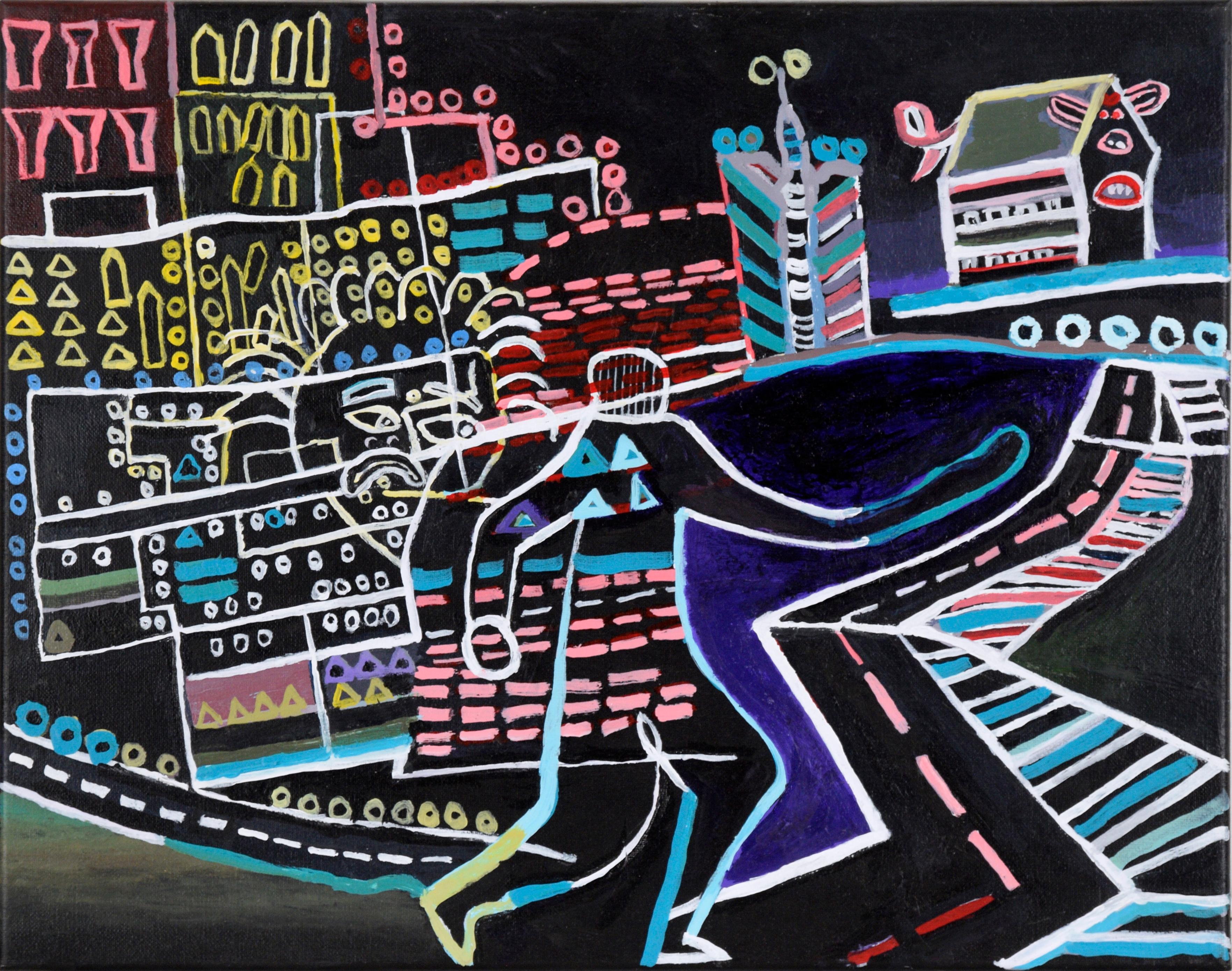 Landscape Painting di Marshall Woodall - "Abbandonato dalla mia famiglia a Chicago" Outsider Art in acrilico su tela
