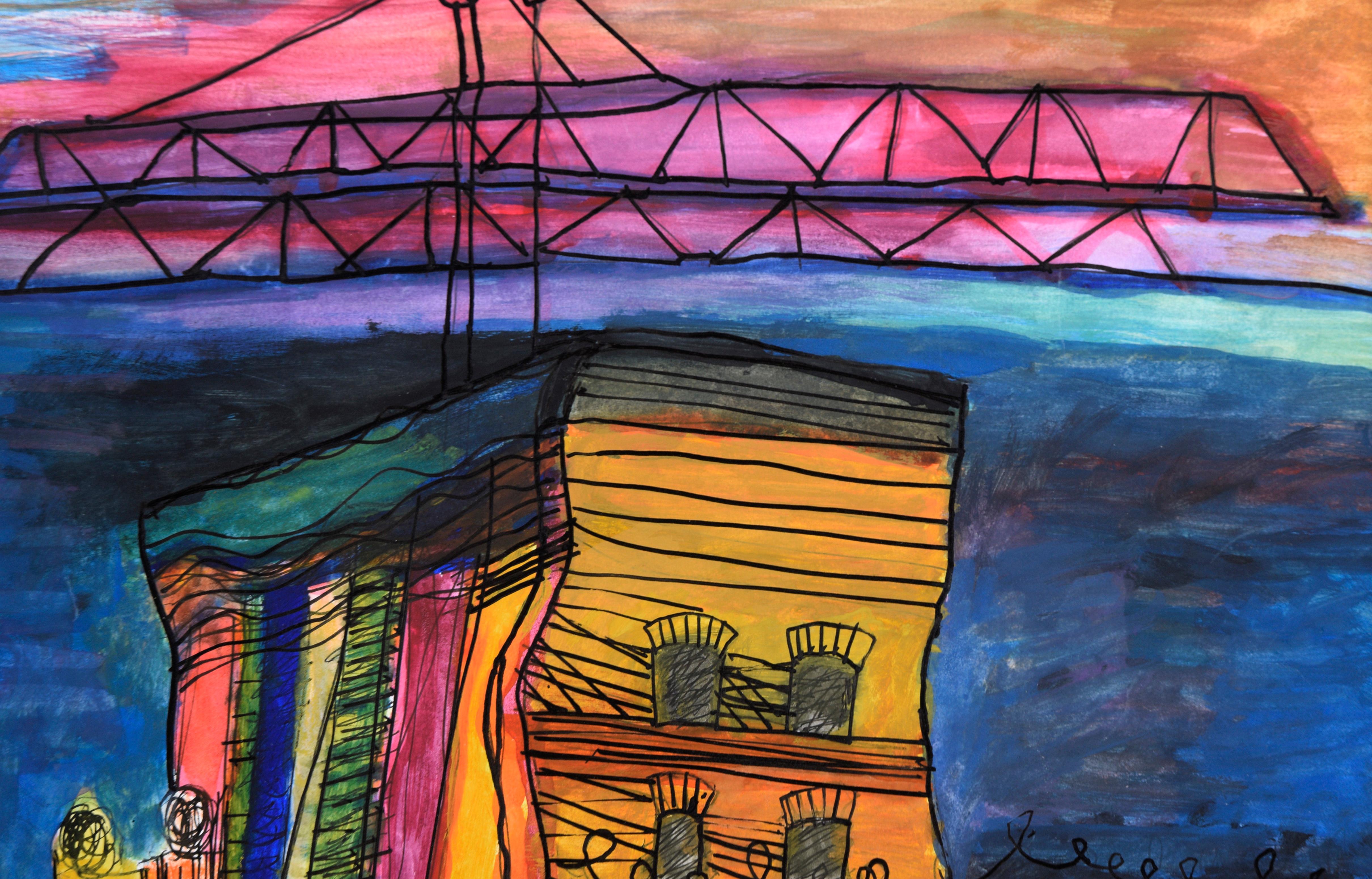 Surreal depiction of a cityscape by Marshall Woodall (American, b. 1958). The city is in the distance, with a large construction crane towering overhead. A yellow and orange path leads towards the city. On the path, there is a box labeled 