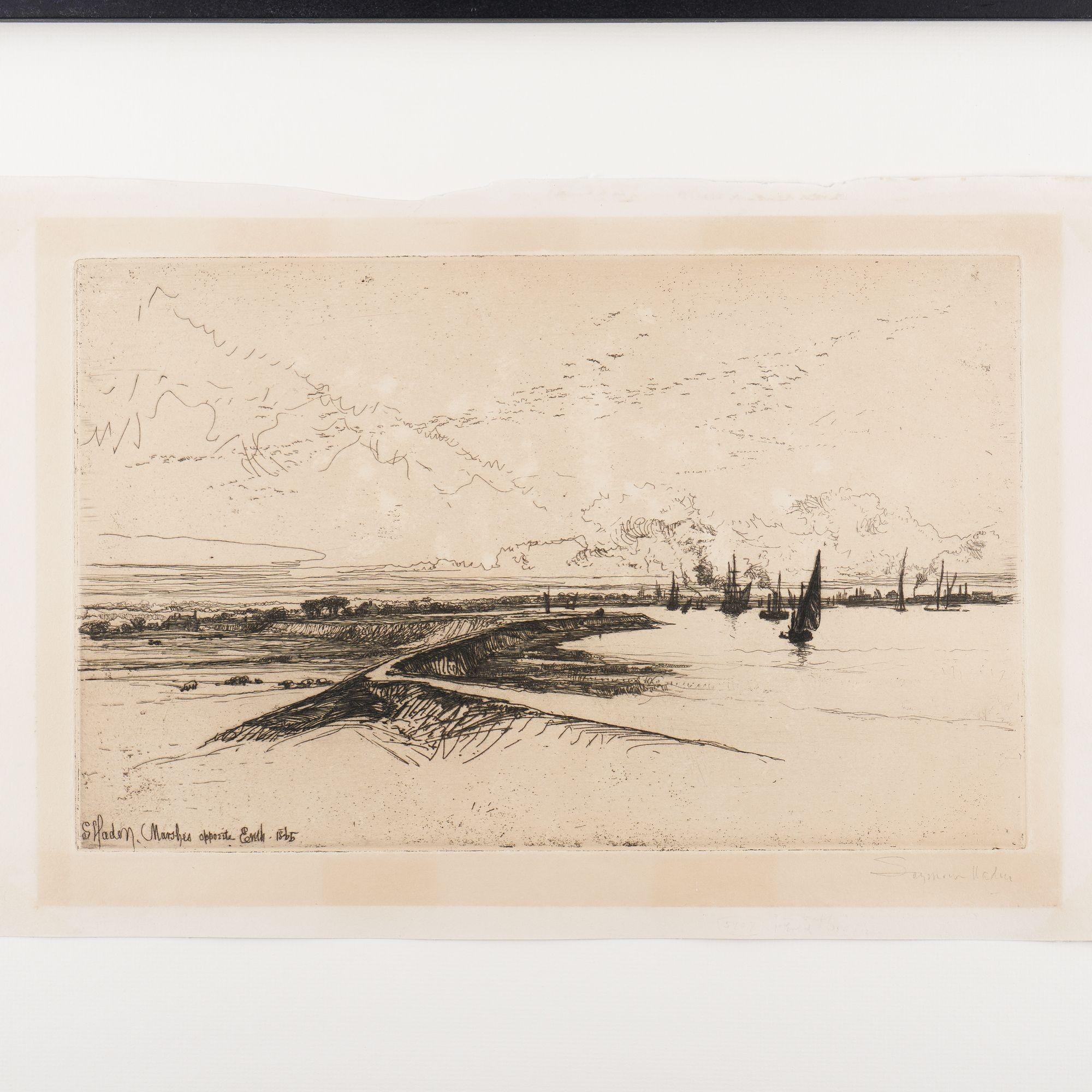 Etching on paper by Seymour Haden, titled “Marshes Opposite Erith.