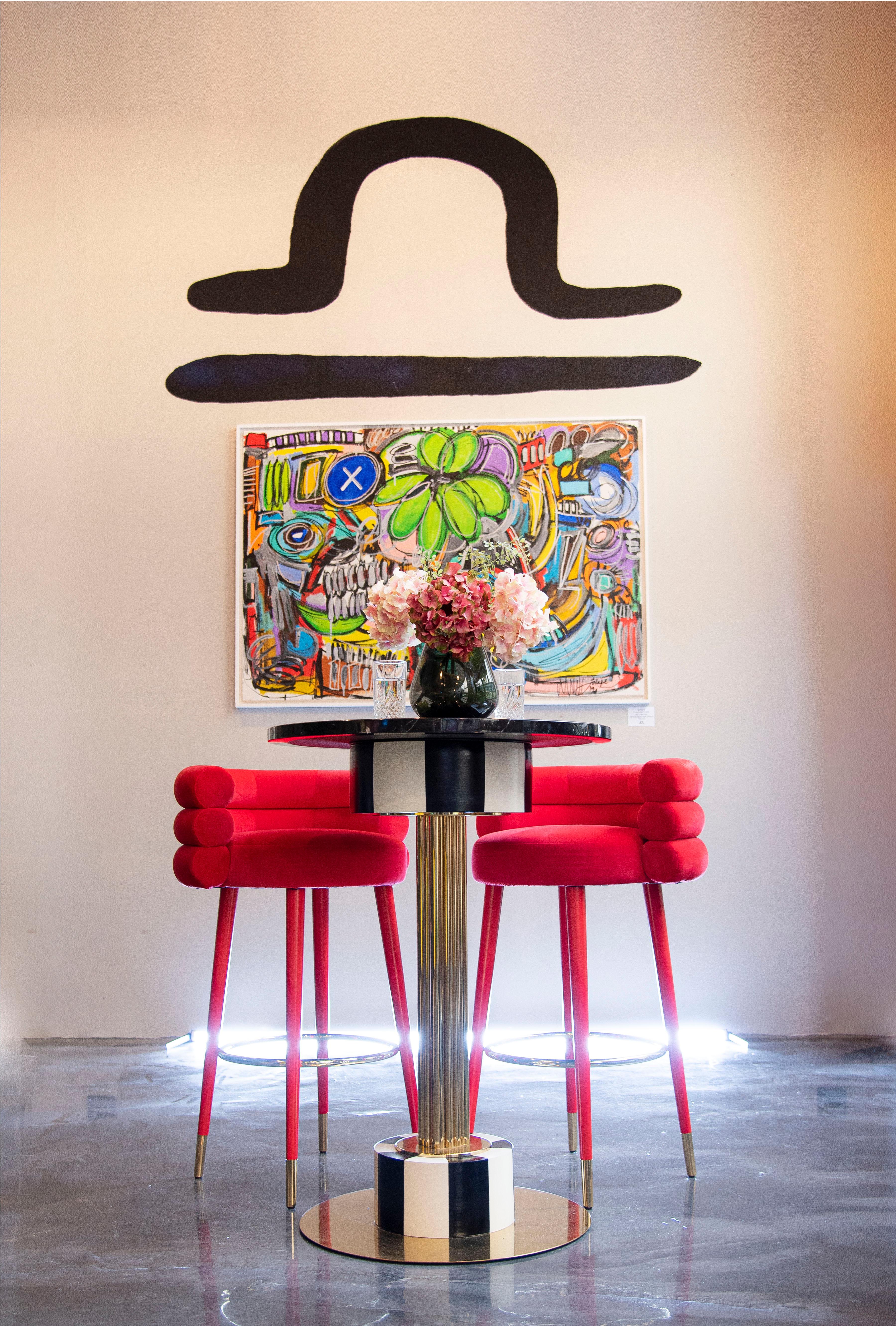 A New Classic reminding the eternal classic designs.
The Marshmallow Bar Stool uses and abuses of the round shapes. The result is a very adaptable piece that fits any atmosphere and becomes timeless.

AS PICTURED
Upholstery: Cotton velvet
Legs: