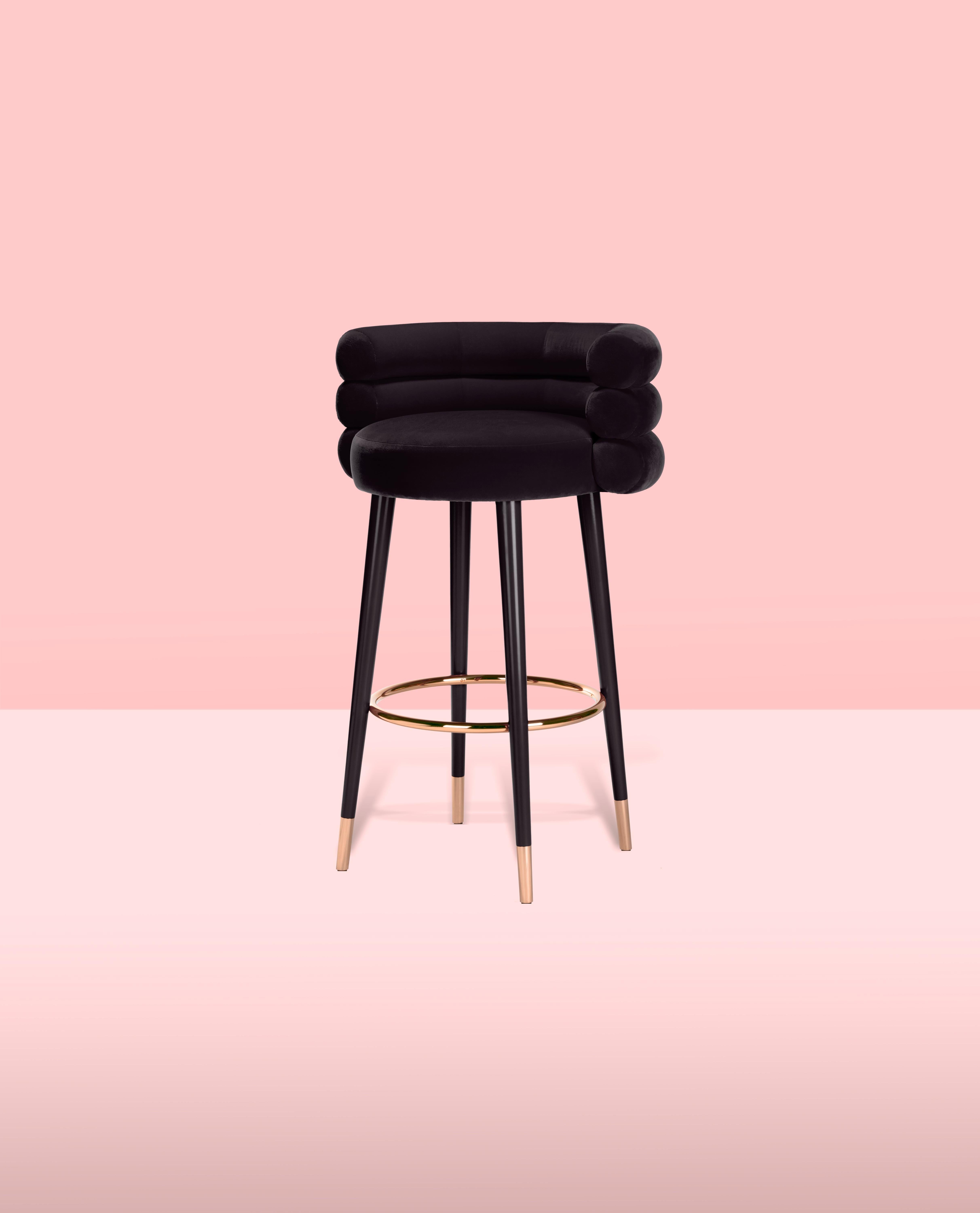 Marshmallow bar stool, Royal stranger
Dimensions: 100 x 70 x 60 cm
Materials: Velvet upholstery, brass
Available in: Mint green, light pink, Royal green, Royal red

Royal stranger is an exclusive furniture brand determined to bring you the best