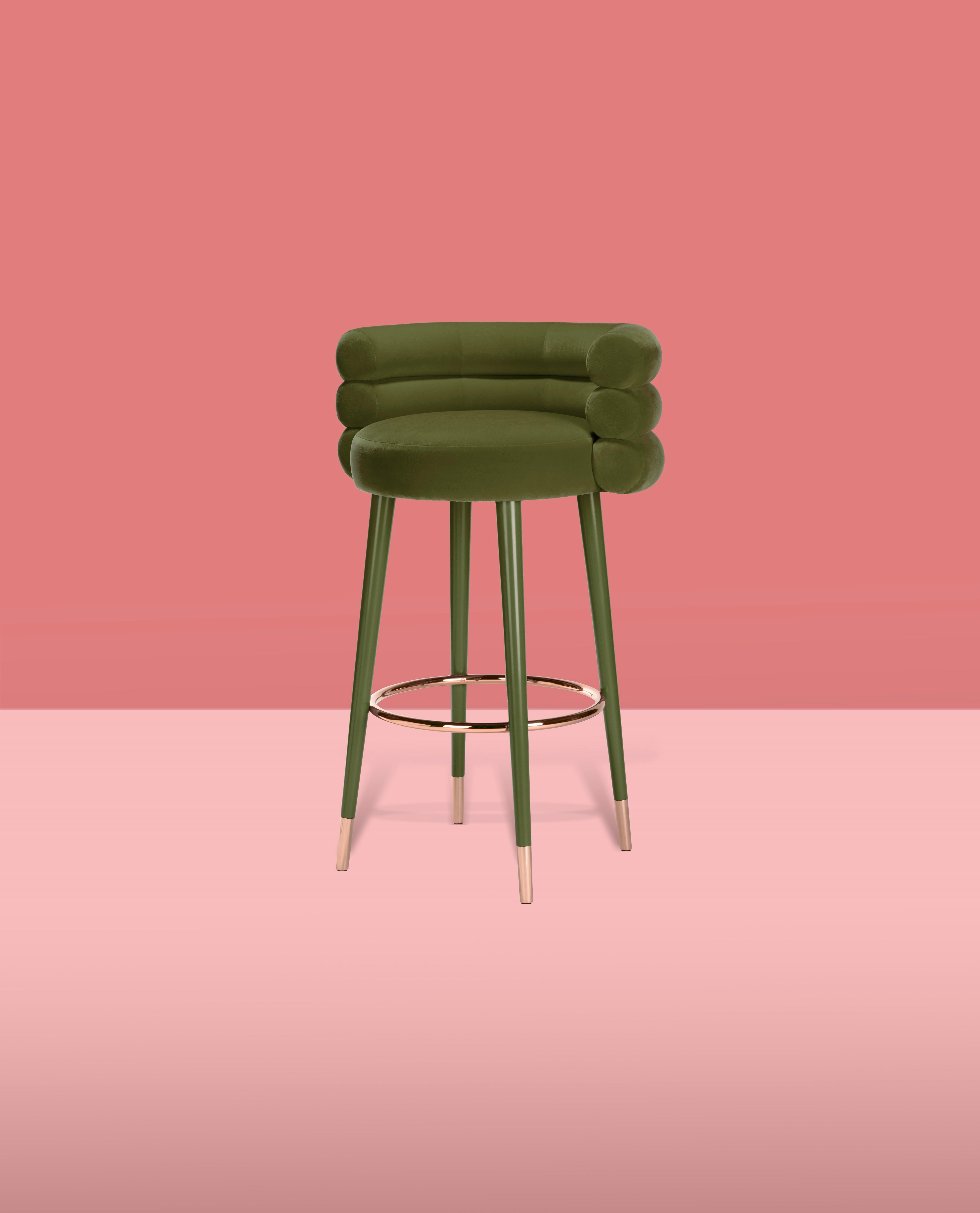 Marshmallow bar stool, Royal stranger
Dimensions: 100 x 70 x 60 cm
Materials: Velvet upholstery, brass
Available in: Mint green, light pink, Royal green, and Royal red

Royal stranger is an exclusive furniture brand determined to bring you the