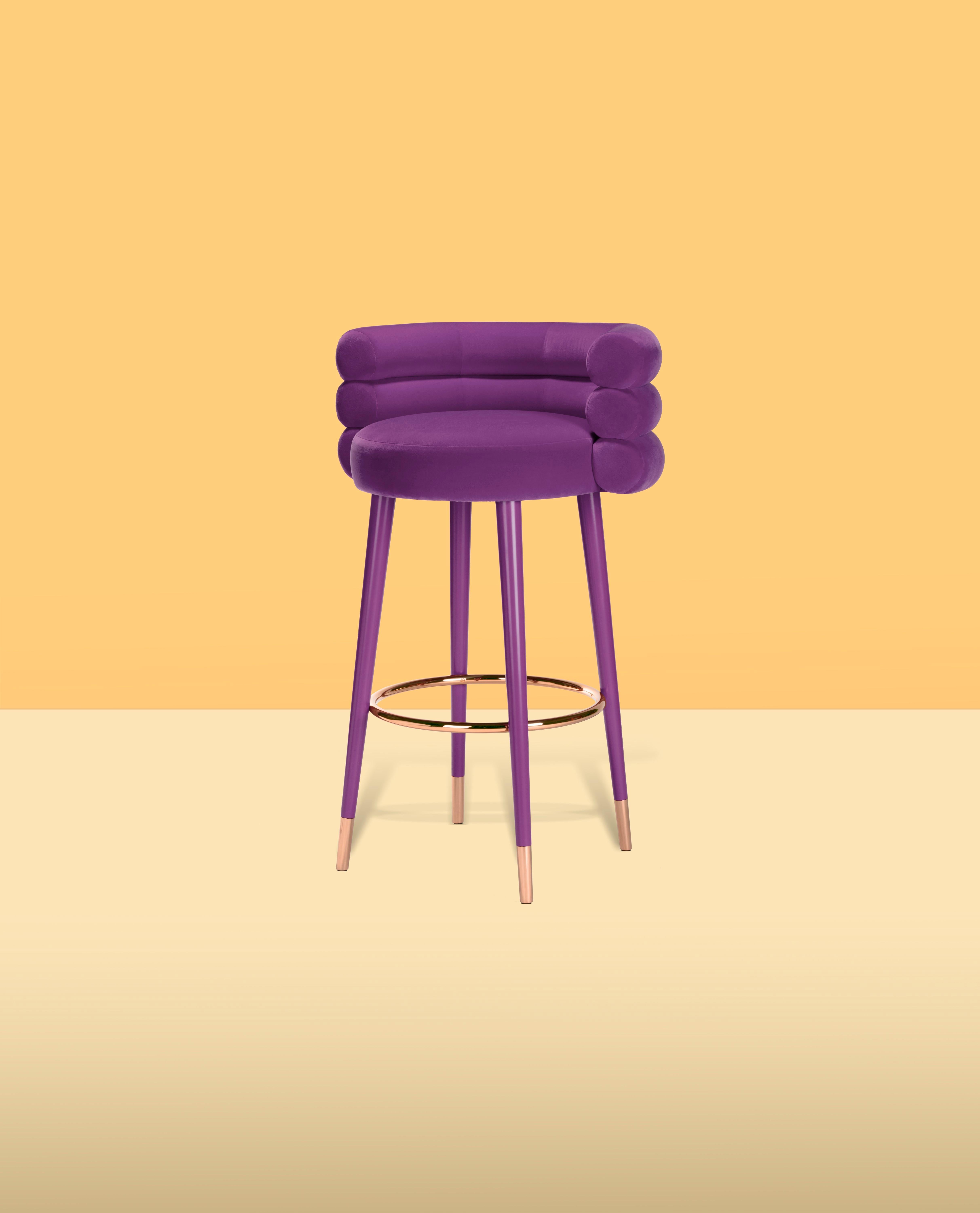 Marshmallow bar stool, Royal stranger
Dimensions: 100 x 70 x 60 cm
Materials: Velvet upholstery, brass
Available in: Mint green, light pink, Royal green and Royal red

Royal stranger is an exclusive furniture brand determined to bring you the