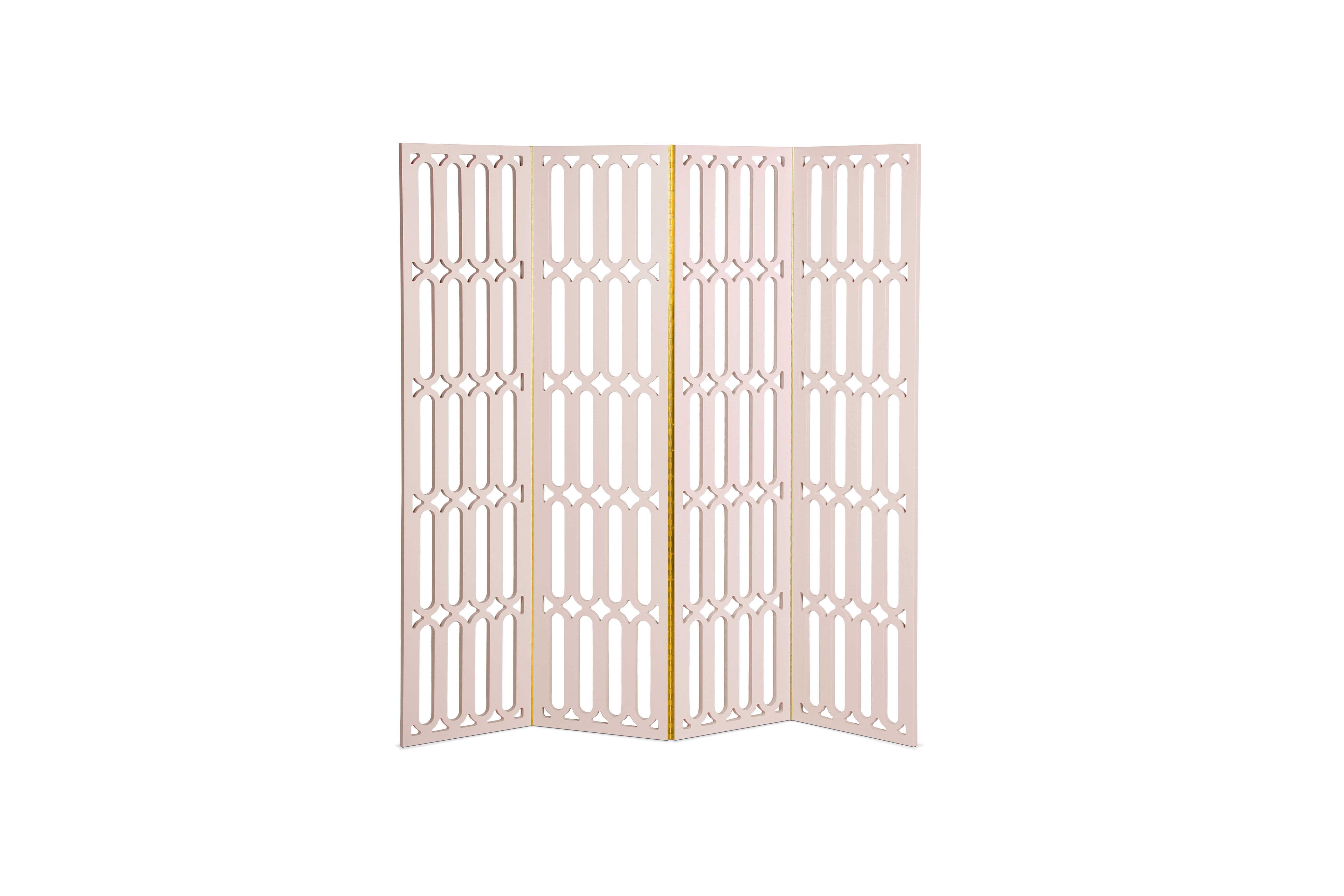 Marshmallow folding screen by Royal Stranger
Dimensions: 165 x 3 x 168 cm
Materials: Lacquered wood with matte finish. Polished brass.

The Marshmallow Folding Screen is inspired by the glorious Art Deco decade and the Roaring Twenties. With a