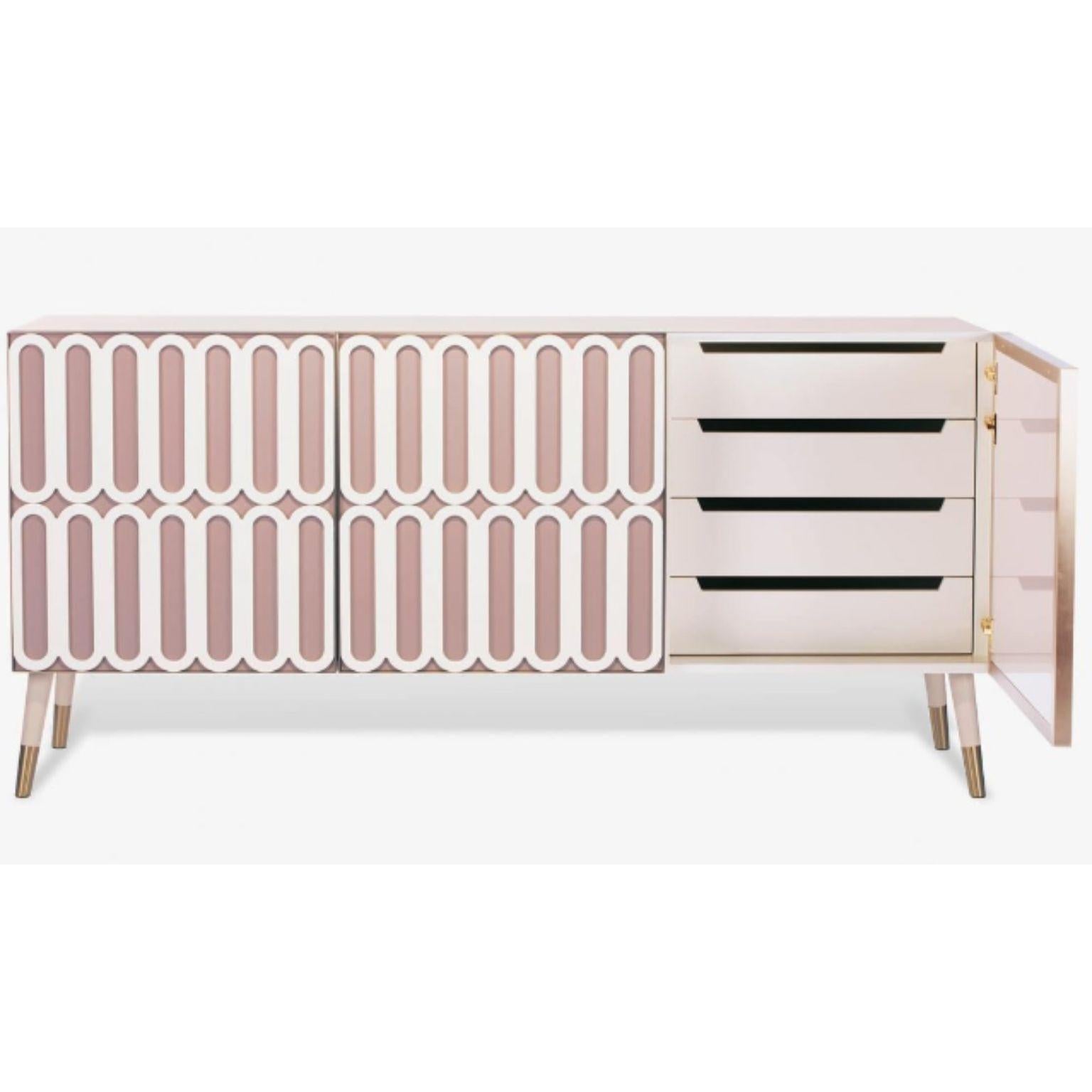 Marshmallow Sideboard by Royal Stranger
Dimensions: W 187.5 x D 48.5 x H 90.5 cm.
Materials: Structure and pattern Pearl lacquered wood with a matte finish.
Doors Nude lacquered wood with a glossy finish.
Door frames and feet covers are brushed