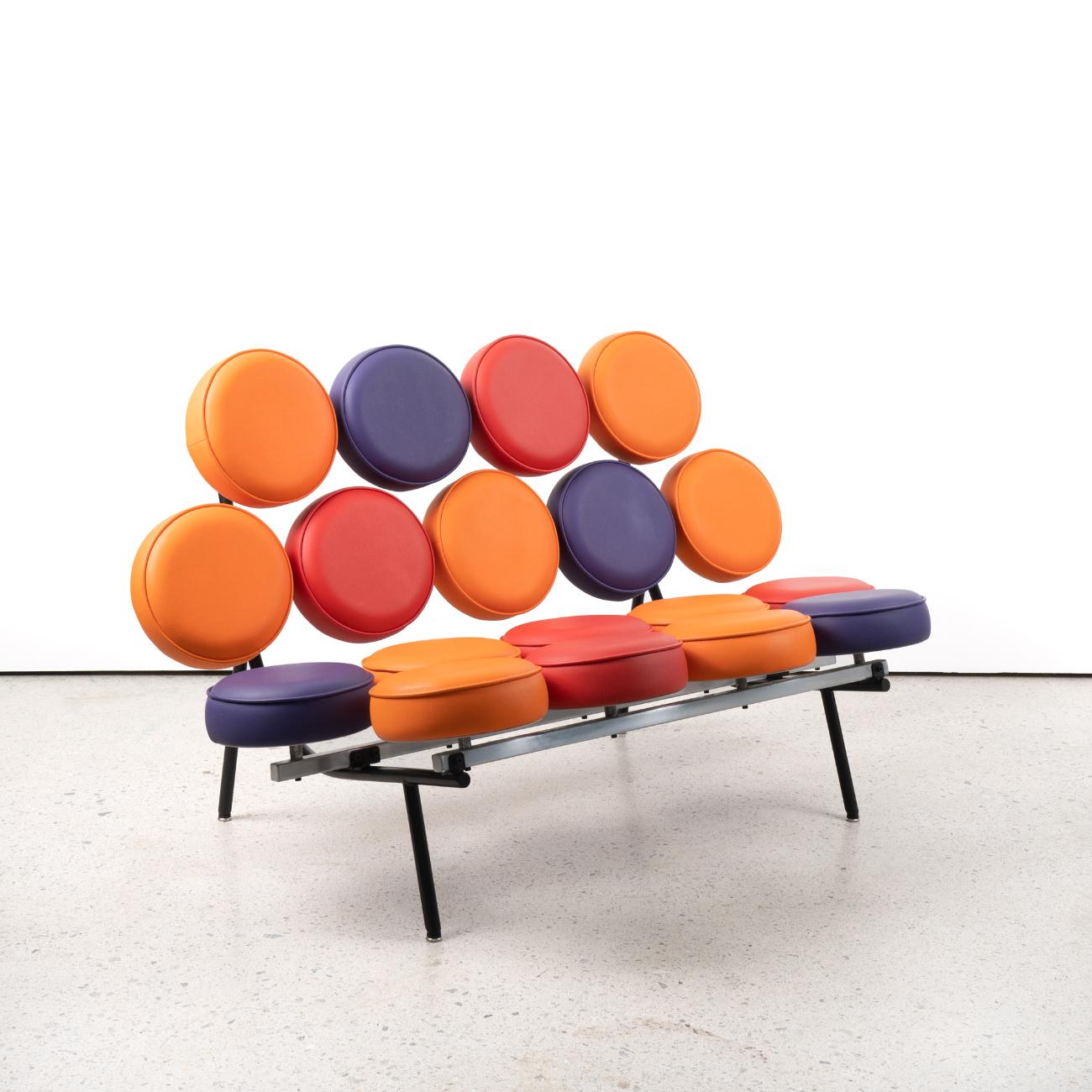 The icon of post-war design, the Marshmallow sofa epitomizes an optimistic and heroic moment in American history. Designed by Irving Harper and George Nelson in 1954-56, the sofa breaks with upholstered furniture forms in a dramatic way. 
The seat