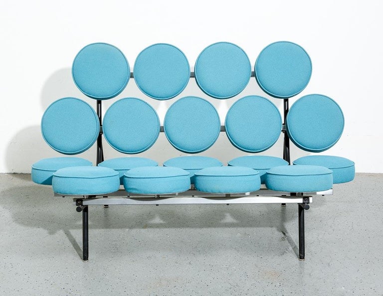 Marshmallow Sofa designed by the office of George Nelson for Herman Miller. Seating is made up of individual 'marshmallows' mated to a steel and aluminum frame. Upholstered in a slightly textured teal wool. Signed by the manufacturer on frame.