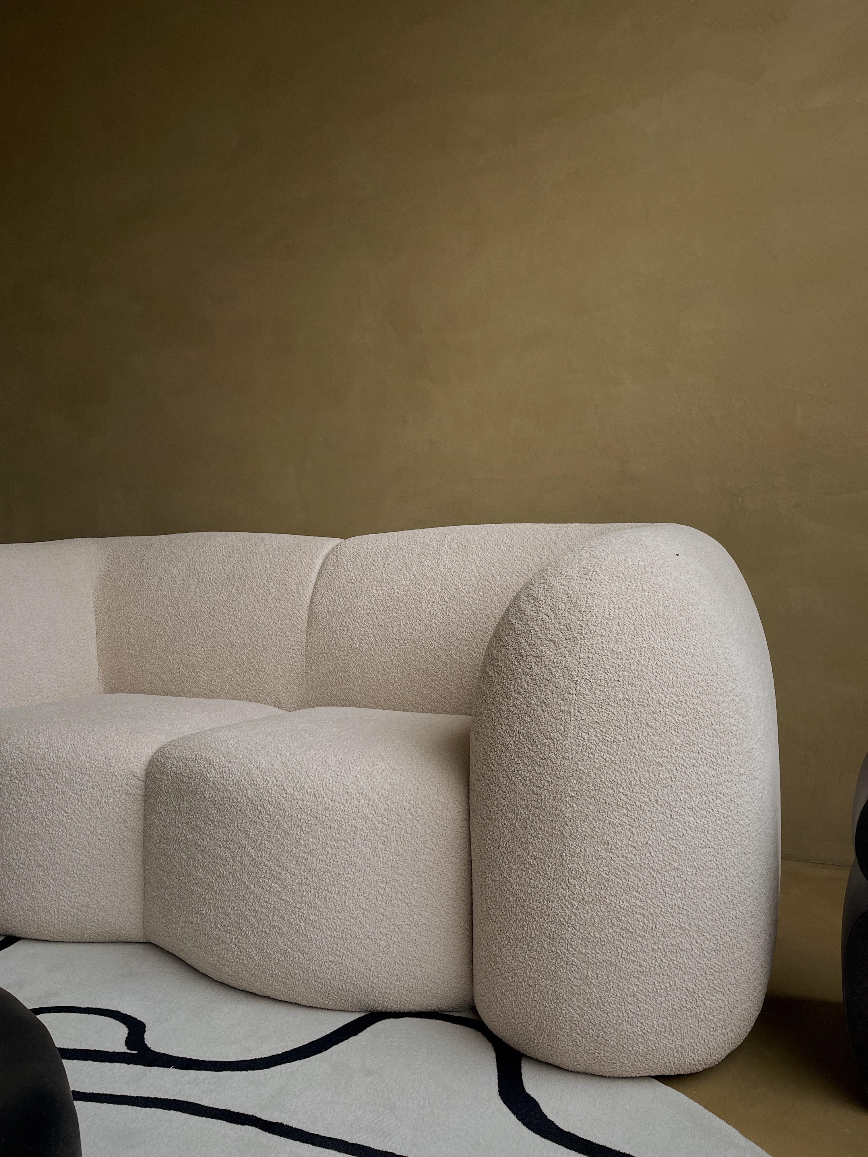 Chinese Marshmallow Shaped, Soft and Textured Upholstery Sofa in Ivory Fabric by kar For Sale