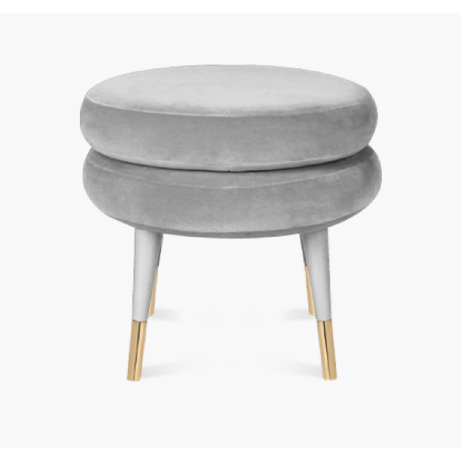 Marshmallow stool, Royal Stranger
Dimensions: 45 x 50 x 50 cm
Materials: Upholstery Platinum cotton velvet.
Legs Platinum lacquered wood with matte finish.
Feet covers brushed brass.

Royal Stranger is an exclusive furniture brand determined