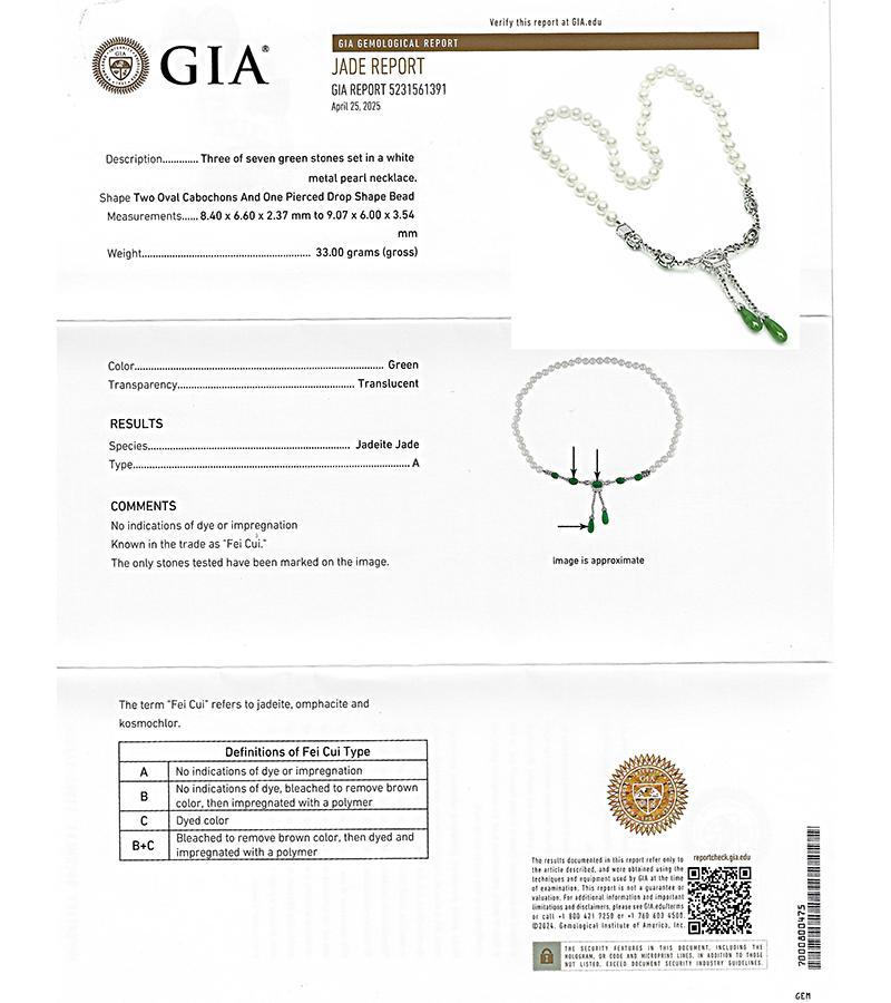 Marsh's GIA zertifizierte A Typ Fei Cui Jade 2,00ct Diamant-Perlenkette mit Perlen-Halskette im Zustand „Gut“ im Angebot in New York, NY