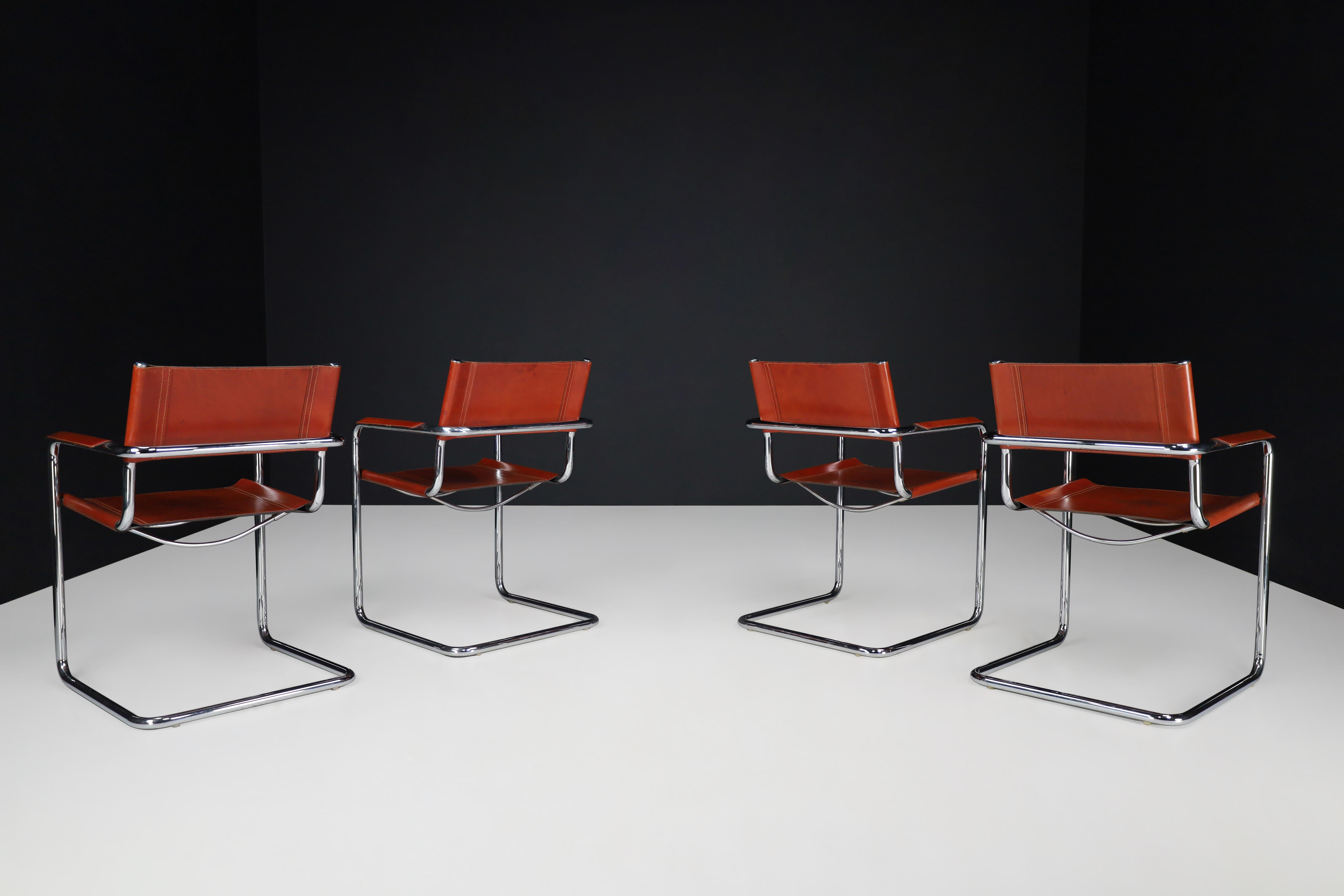 Bauhaus Mart Stam Cognac Leather Cantilever Chairs by Fasem, Italy, 1980