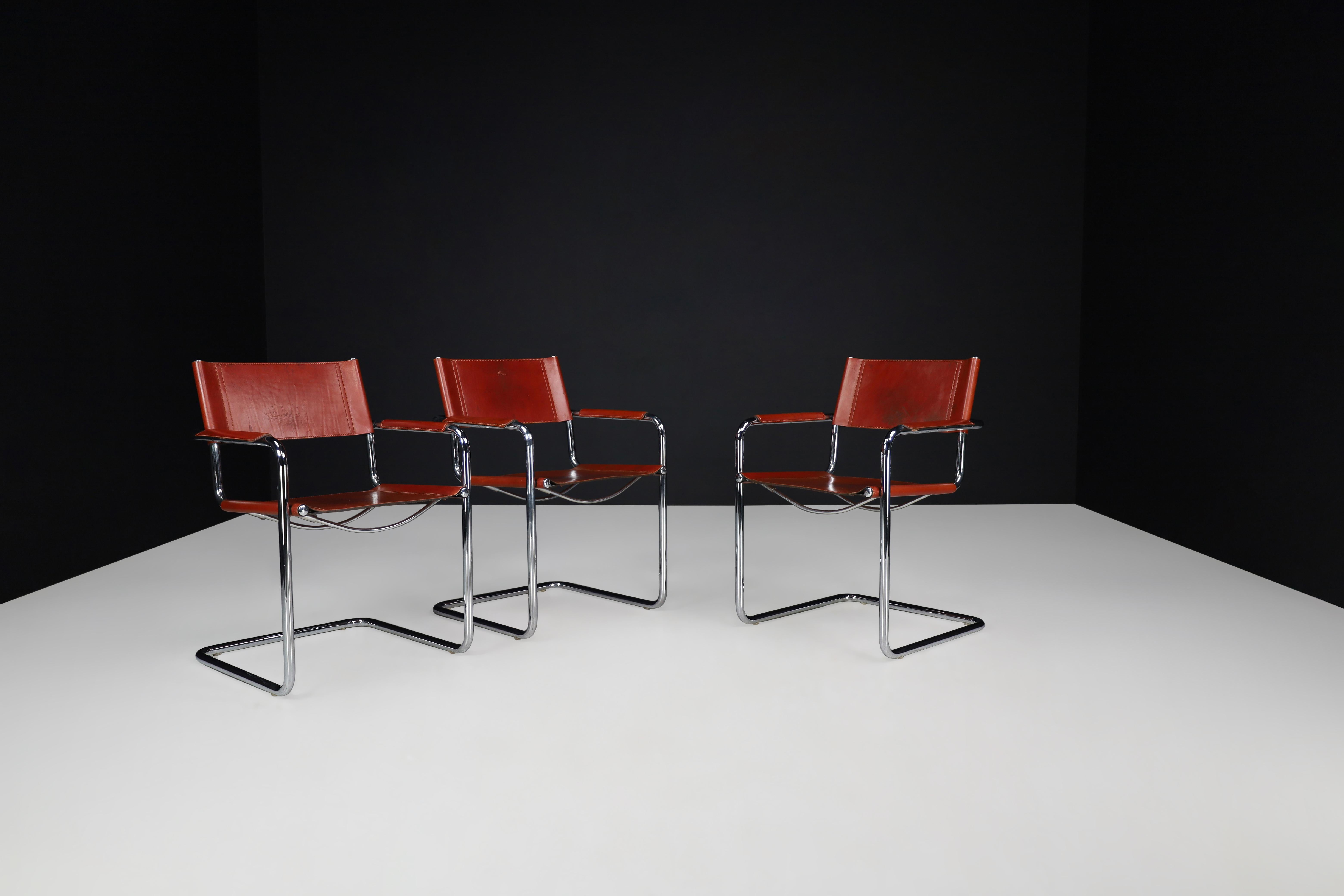 Italian Mart Stam Cognac Leather Cantilever Chairs by Fasem, Italy, 1980