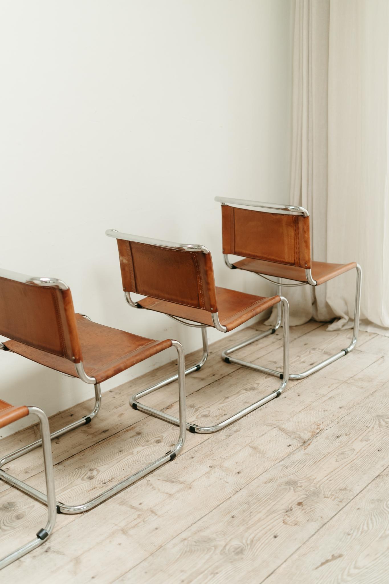 20th Century Mart Stam for Thonet chairs, set of 4, cognac leather and chrome, Germany 1960's