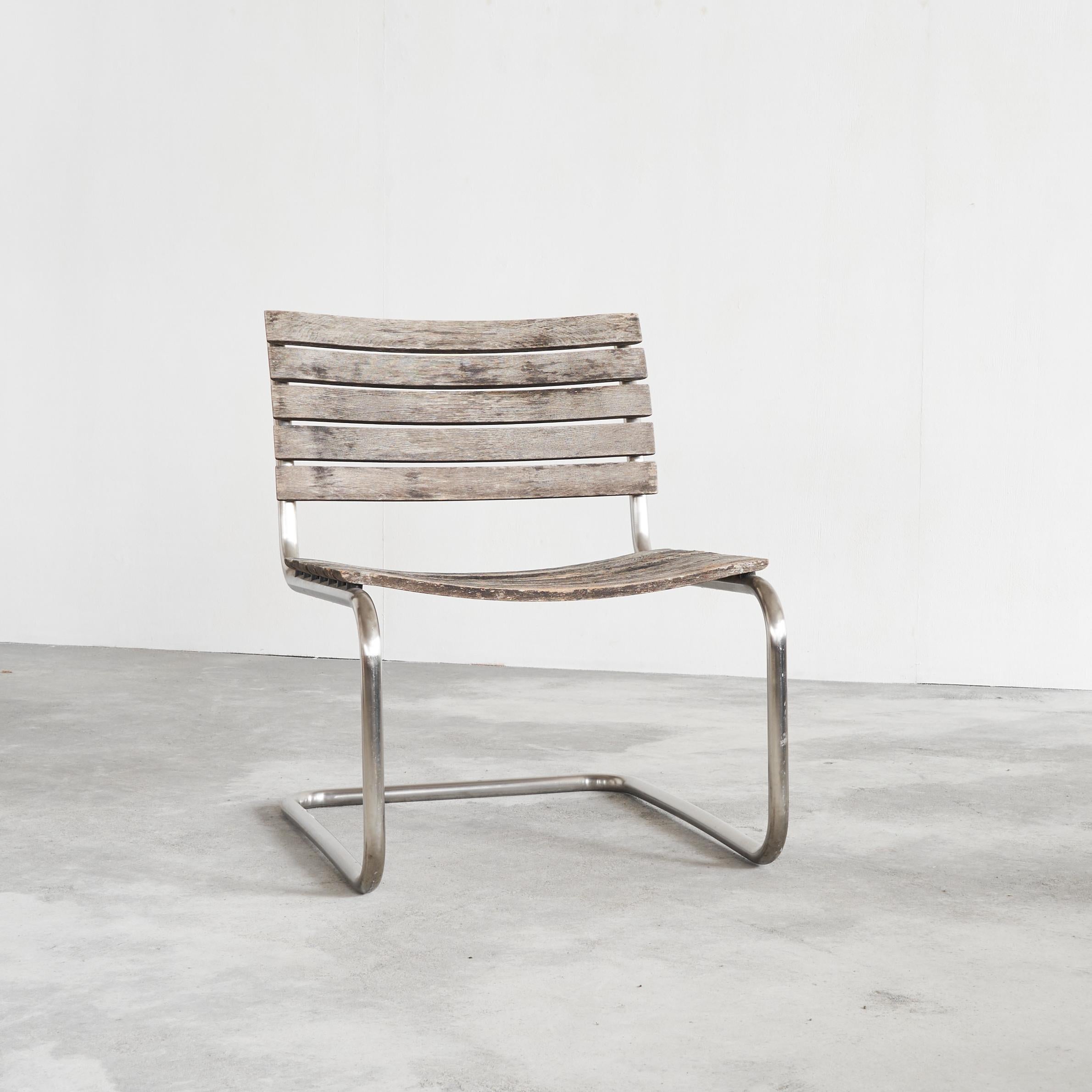 German Mart Stam for Thonet Lounge Chair in Weathered Solid Iroko and Stainless Steel For Sale