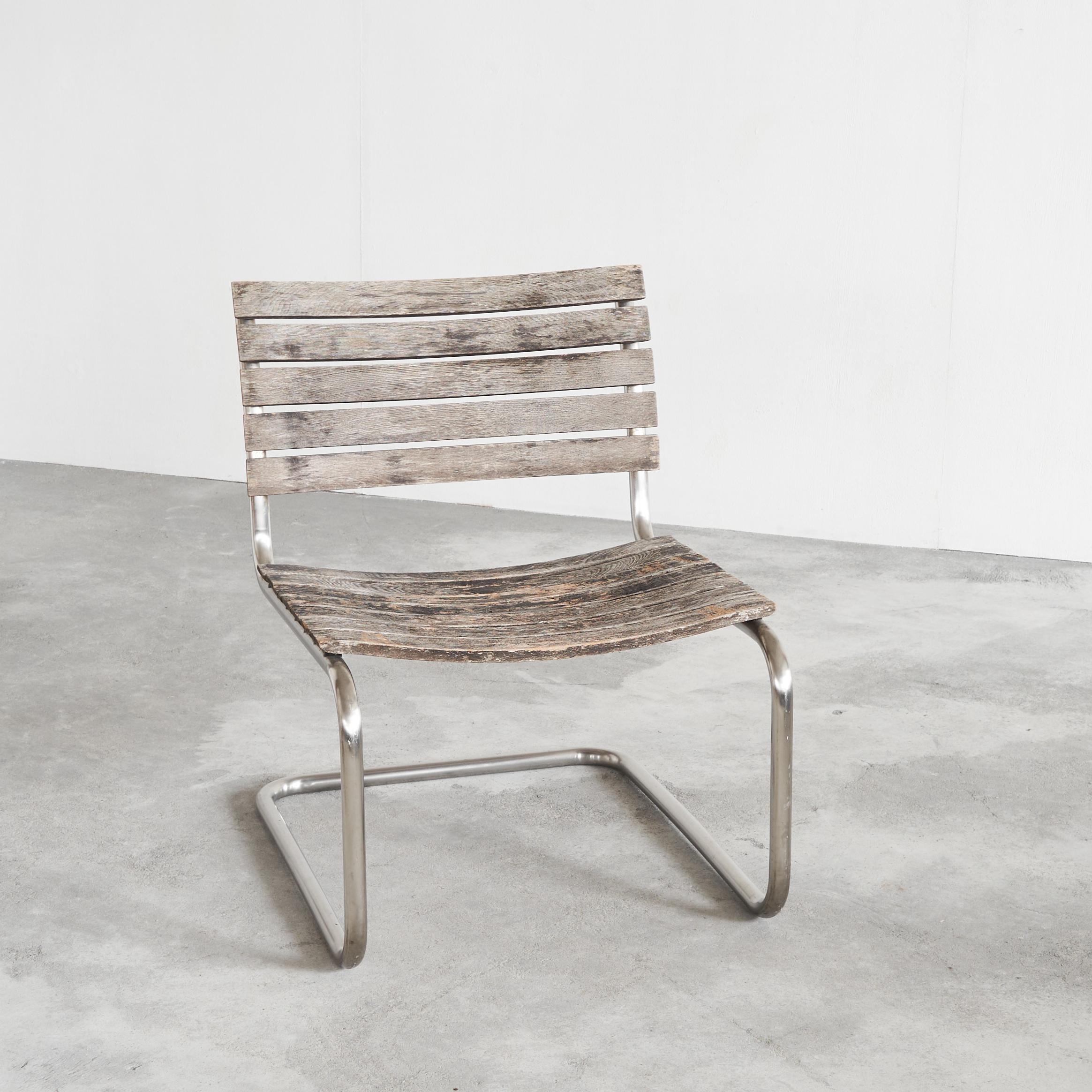 Hand-Crafted Mart Stam for Thonet Lounge Chair in Weathered Solid Iroko and Stainless Steel For Sale