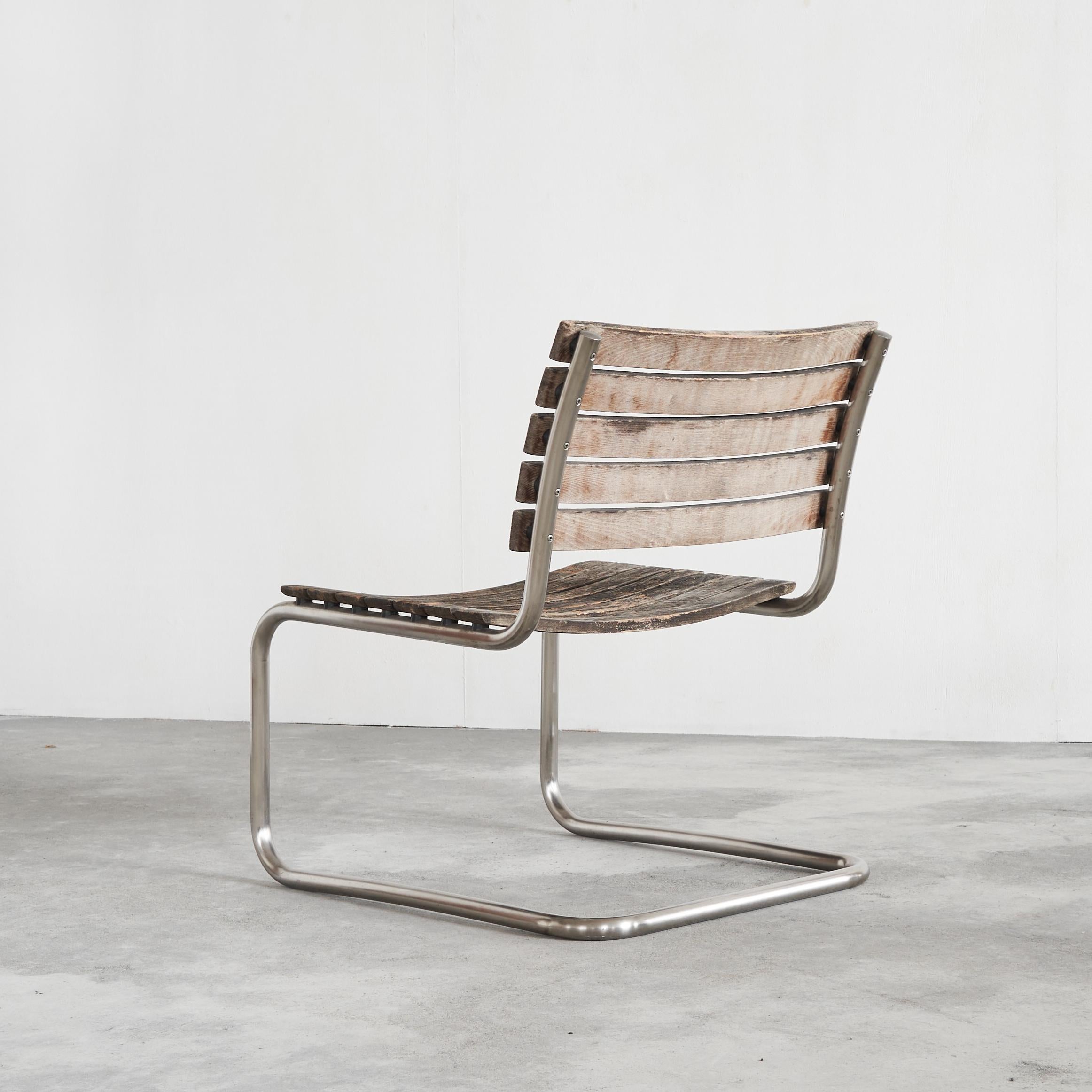 Contemporary Mart Stam for Thonet Lounge Chair in Weathered Solid Iroko and Stainless Steel For Sale