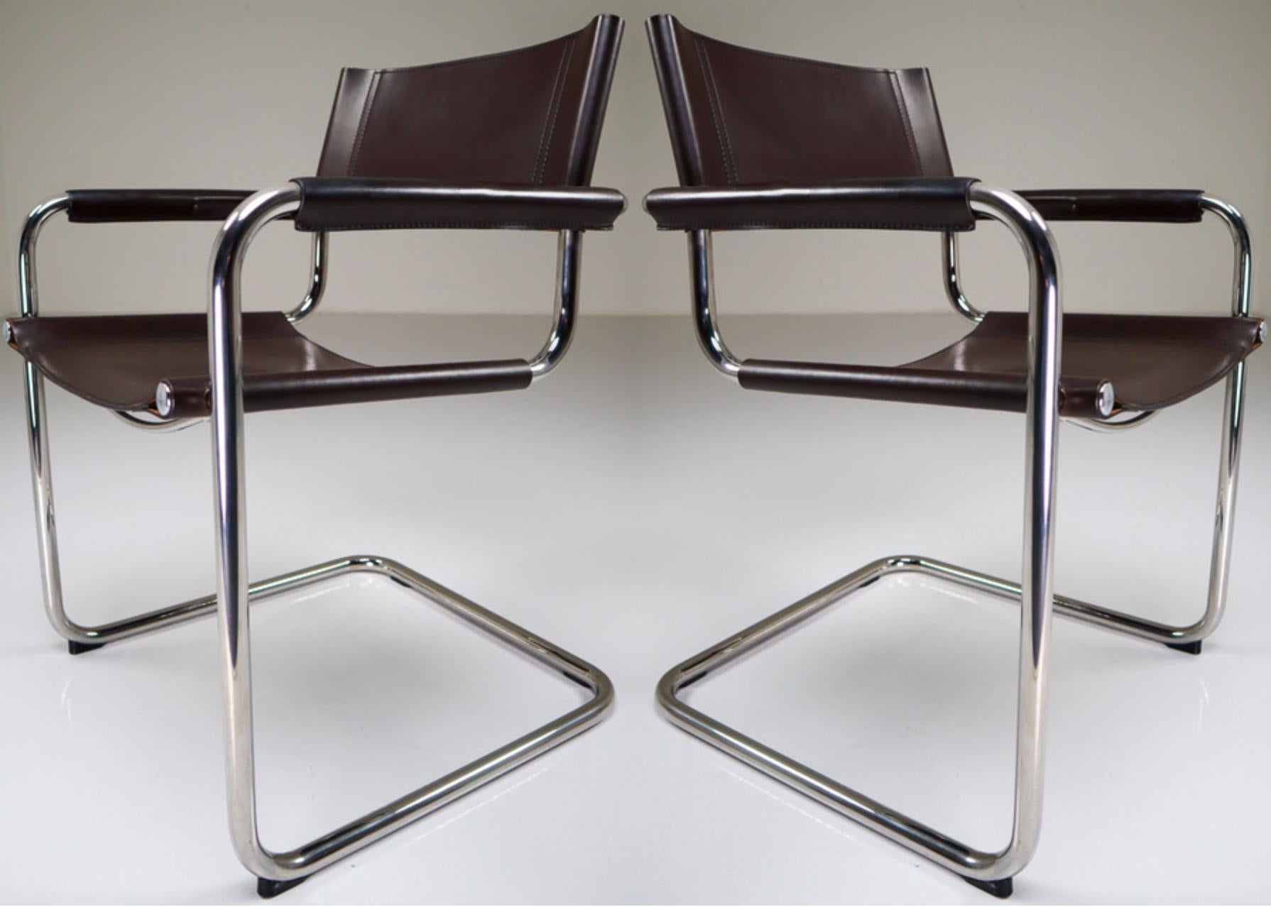 Mart Stam Model S33 leather Cantilever chairs by Fasem Italy 

A beautiful large set of 35 Mart Stam Model S33 leather cantilever chairs by Fasem, Italy, 1980s. The chairs with a chocolate brown leather seat, back and arms on a cantilevered chrome