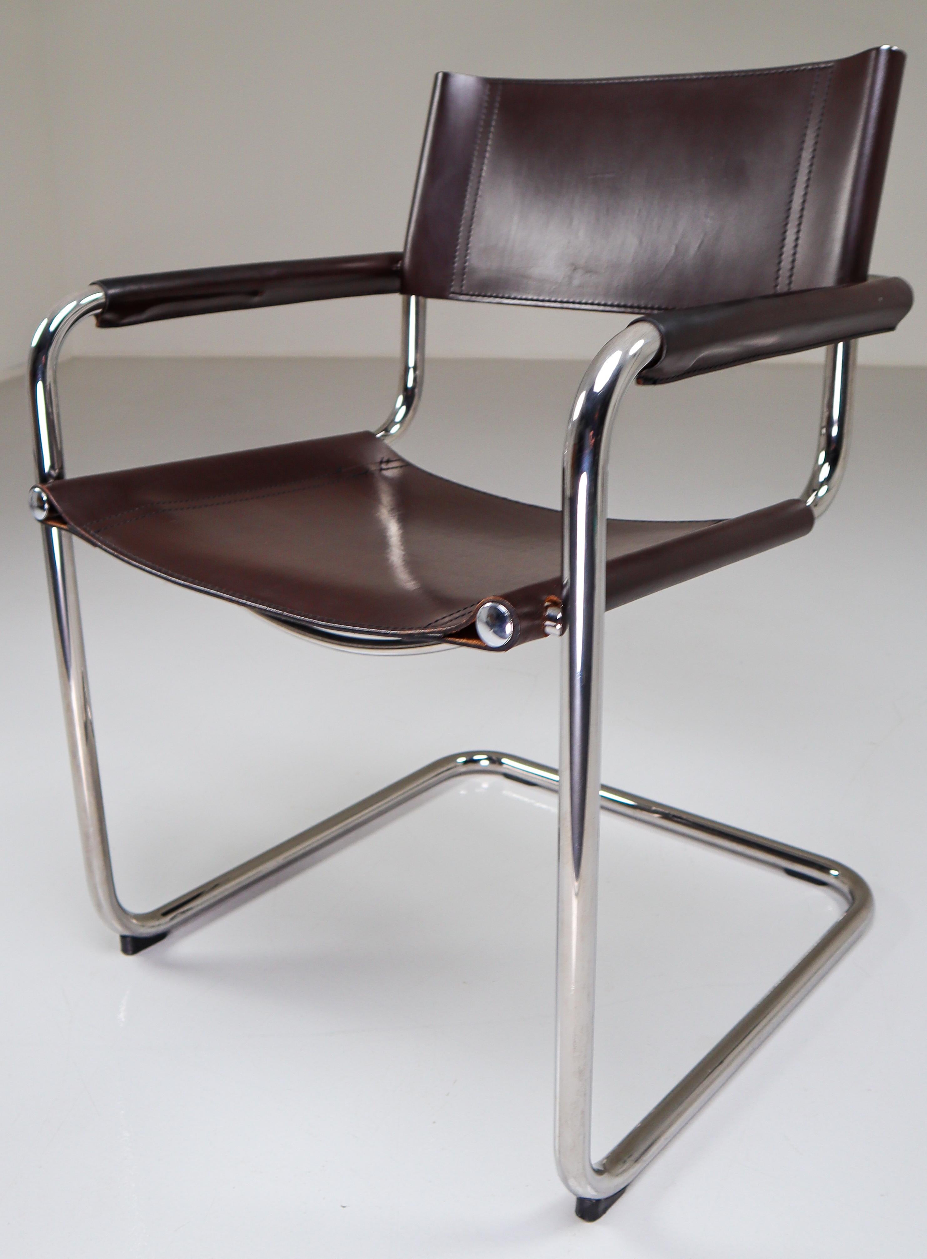 Mid-Century Modern Mart Stam Model S33 Chocolate Brown Leather Cantilever Chairs by Fasem Italy
