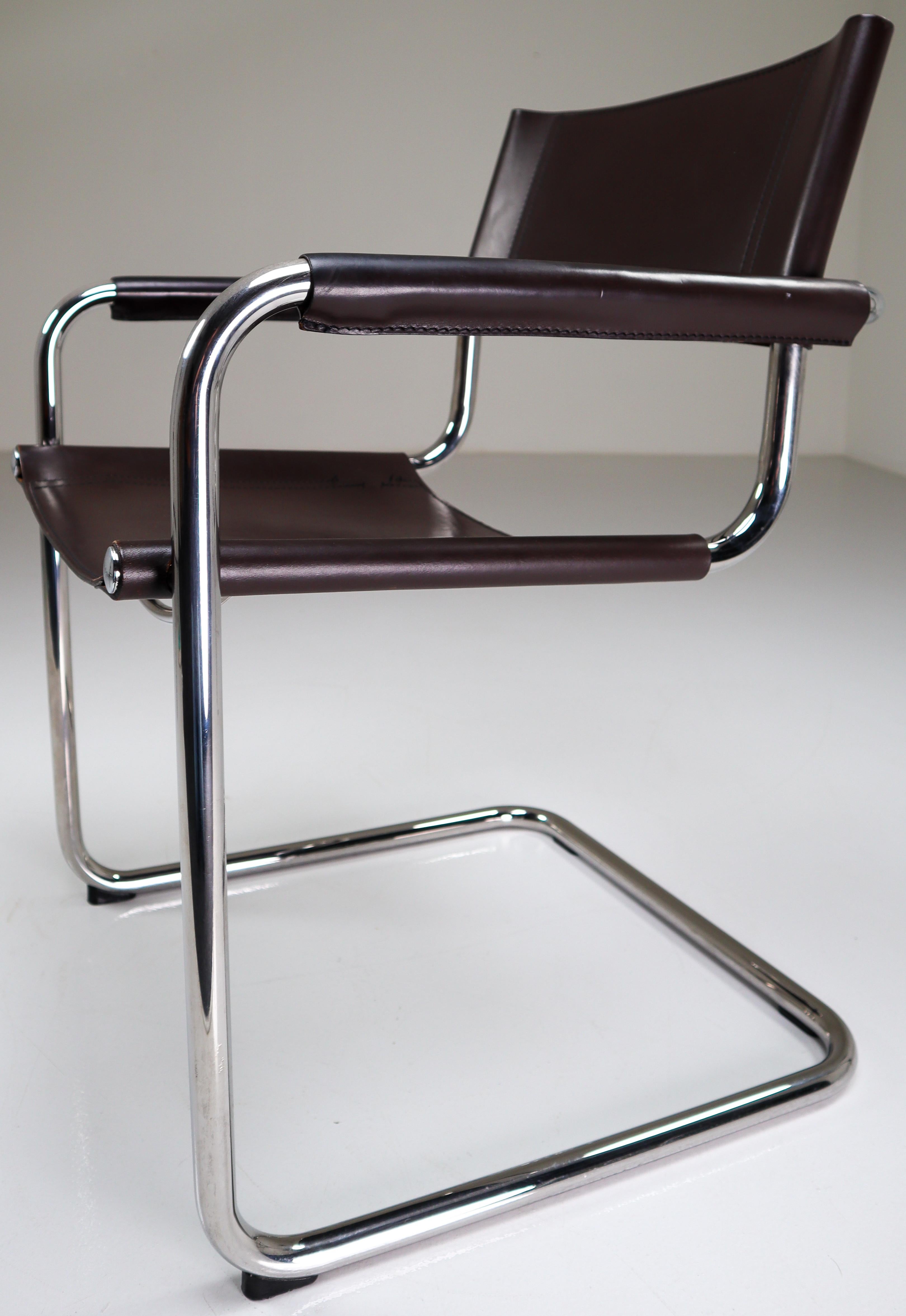 Mart Stam Model S33 Chocolate Brown Leather Cantilever Chairs by Fasem Italy 1