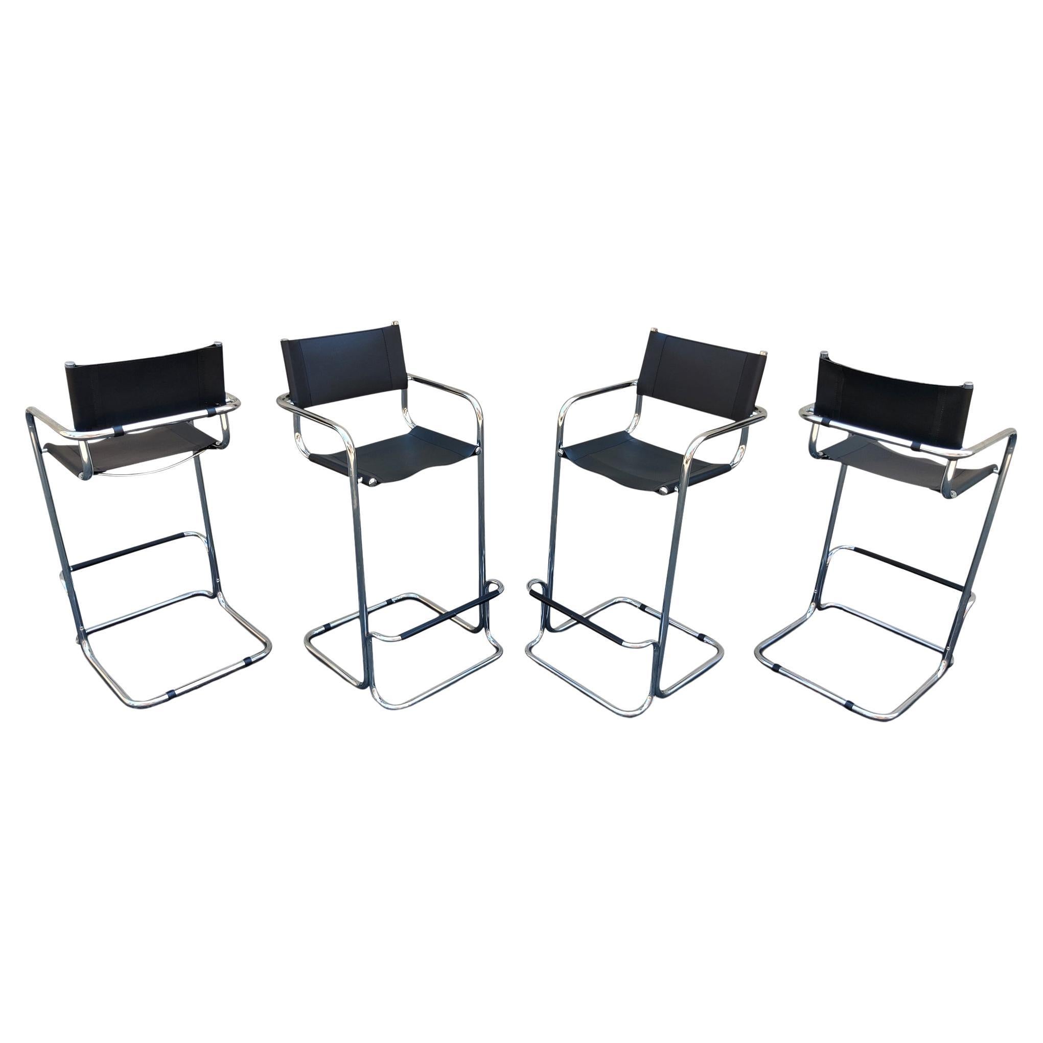 This is a great looking and very comfortable set of four (4) high-chairs or bar-stools inspired by the Bauhaus Designer, Mart Stam of Germany. These stools were likely manufactured in the late 70s or mid 80s, in Italy, for export sale in the US.