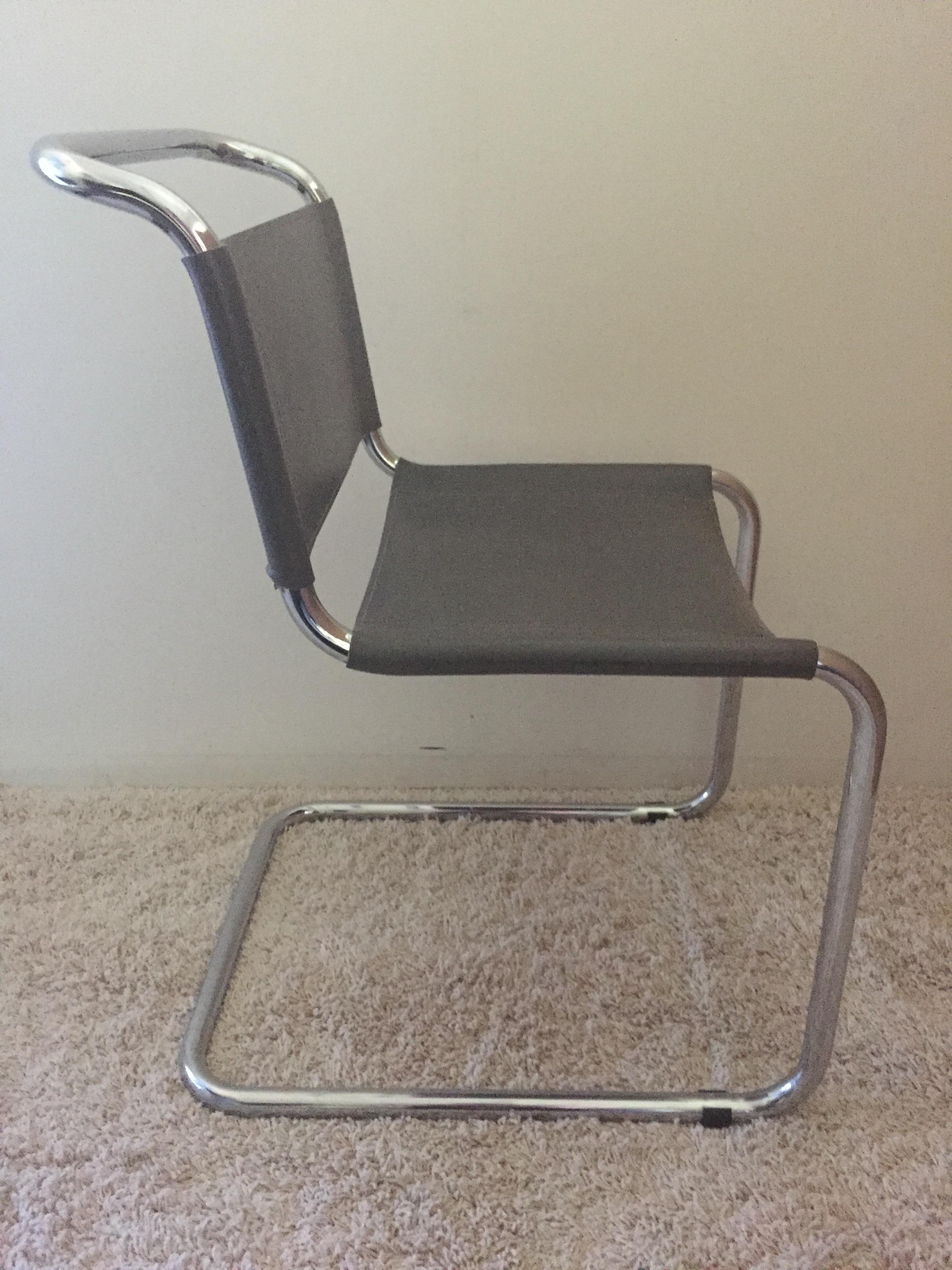 Italian Mart Stam Pair of Tubular Chrome and Grey Leather Chairs