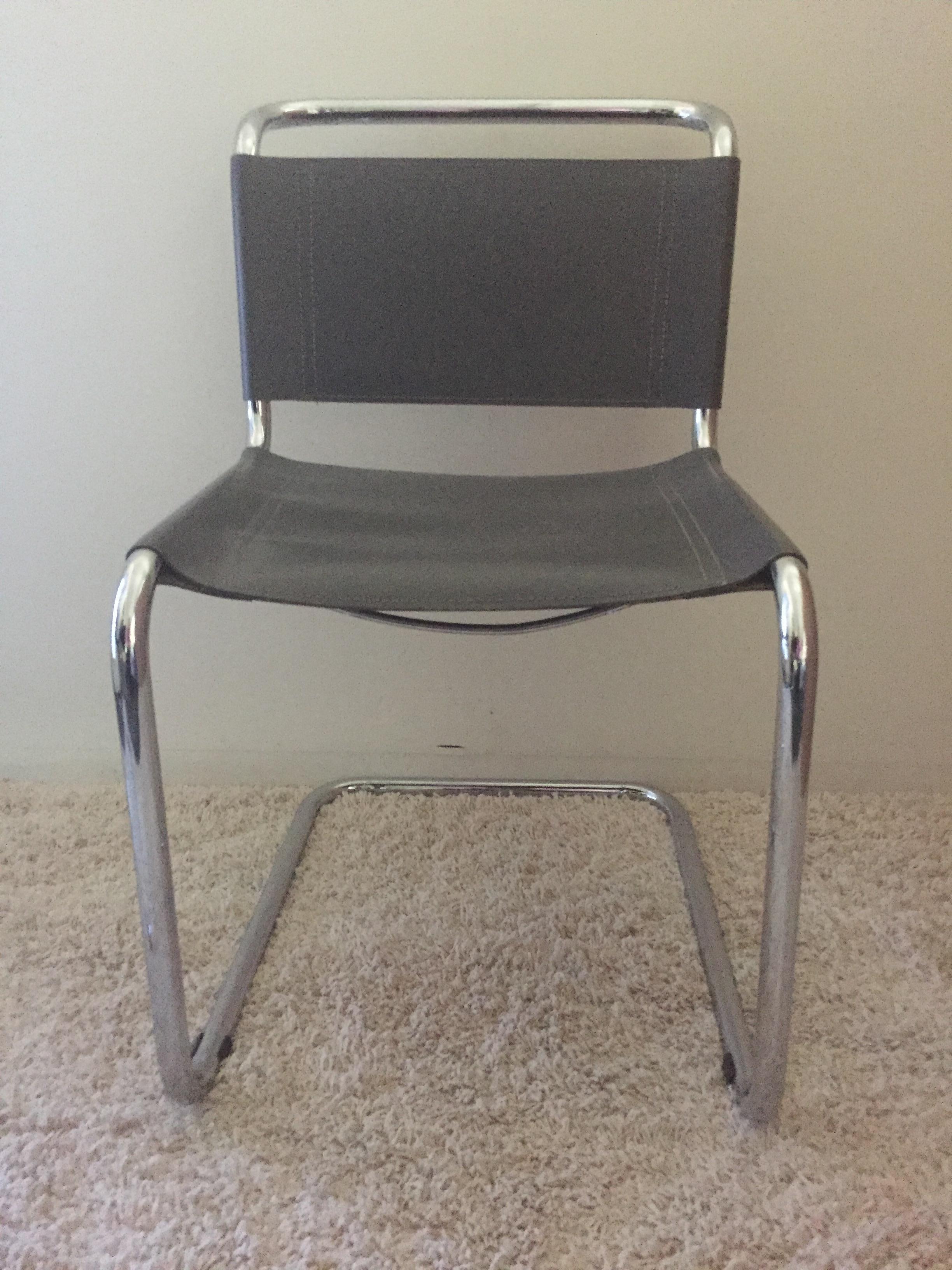 Glazed Mart Stam Pair of Tubular Chrome and Grey Leather Chairs