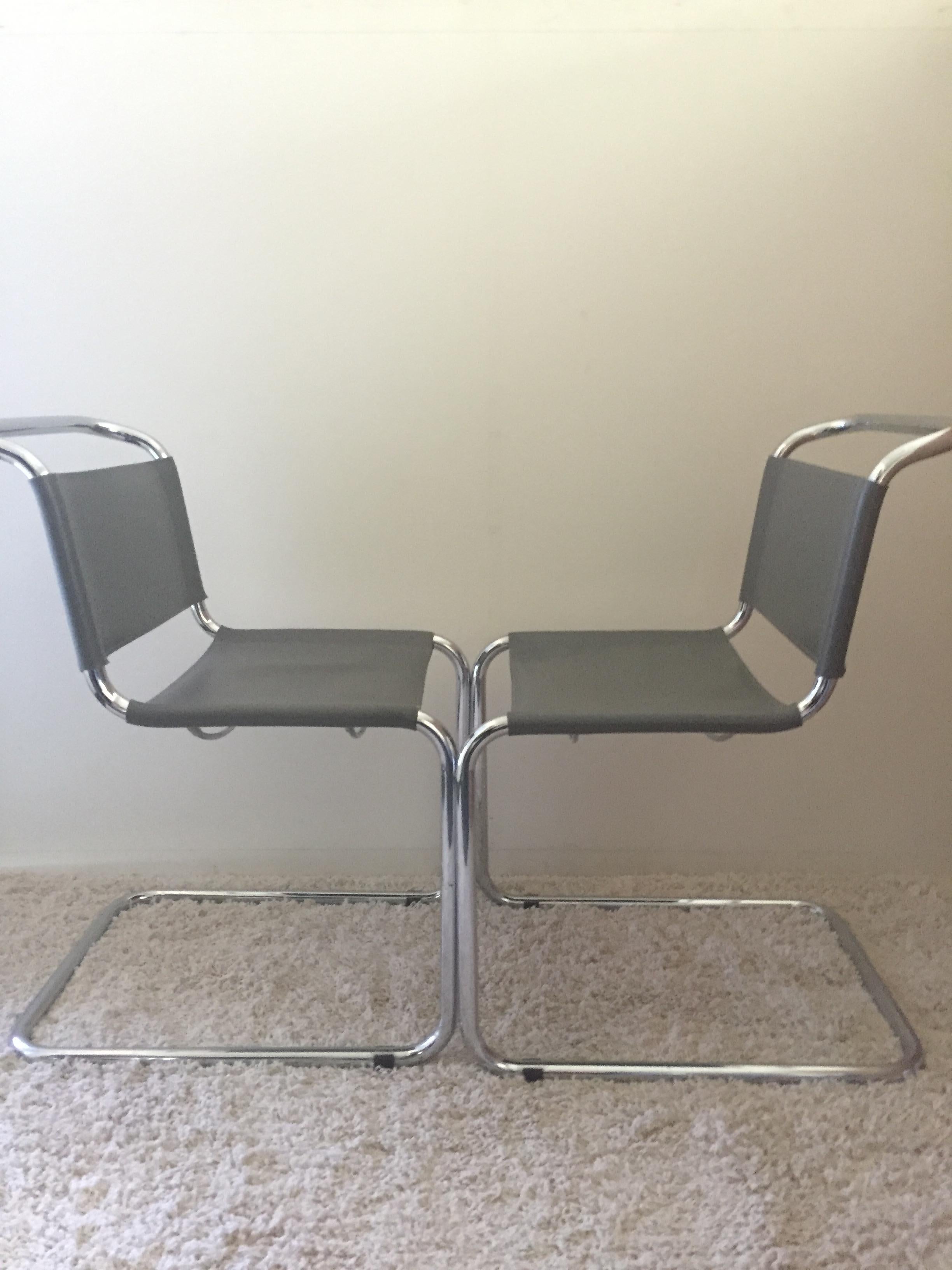 Mart Stam Pair of Tubular Chrome and Grey Leather Chairs In Excellent Condition In Westport, CT