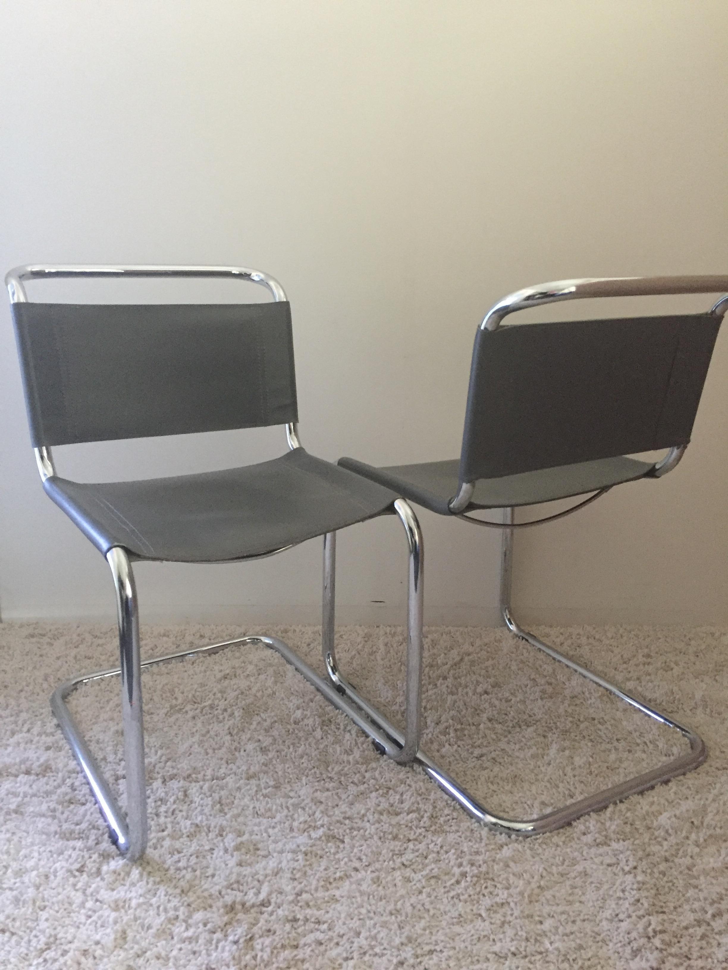 20th Century Mart Stam Pair of Tubular Chrome and Grey Leather Chairs