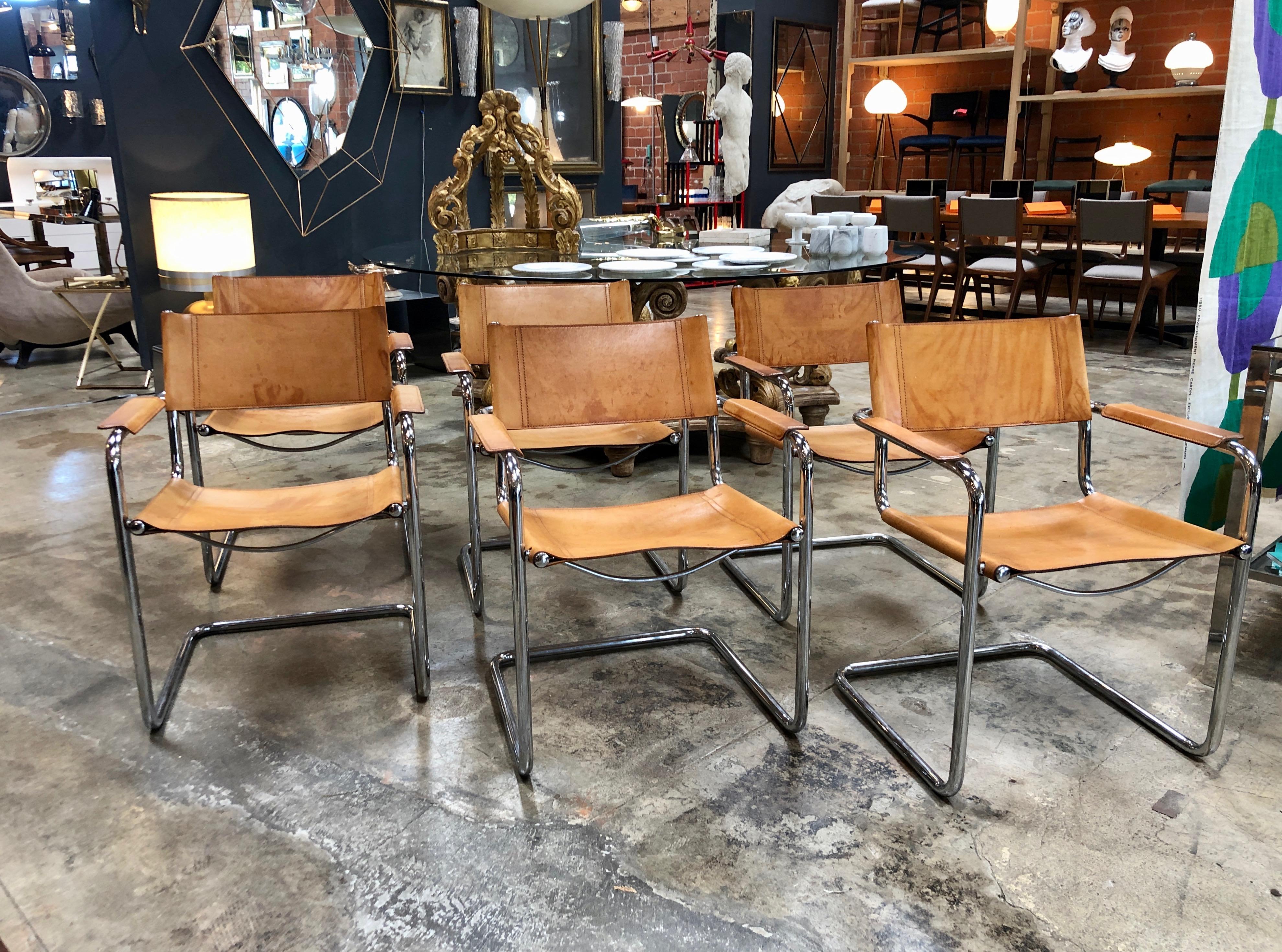 Six Italian in original leather armchairs by Mart Stam 1950s for Fasem International with the structure in chromed steel.
In the 1920s Dutch architect Mart Stam revolutionized modern design by using tubular metal.