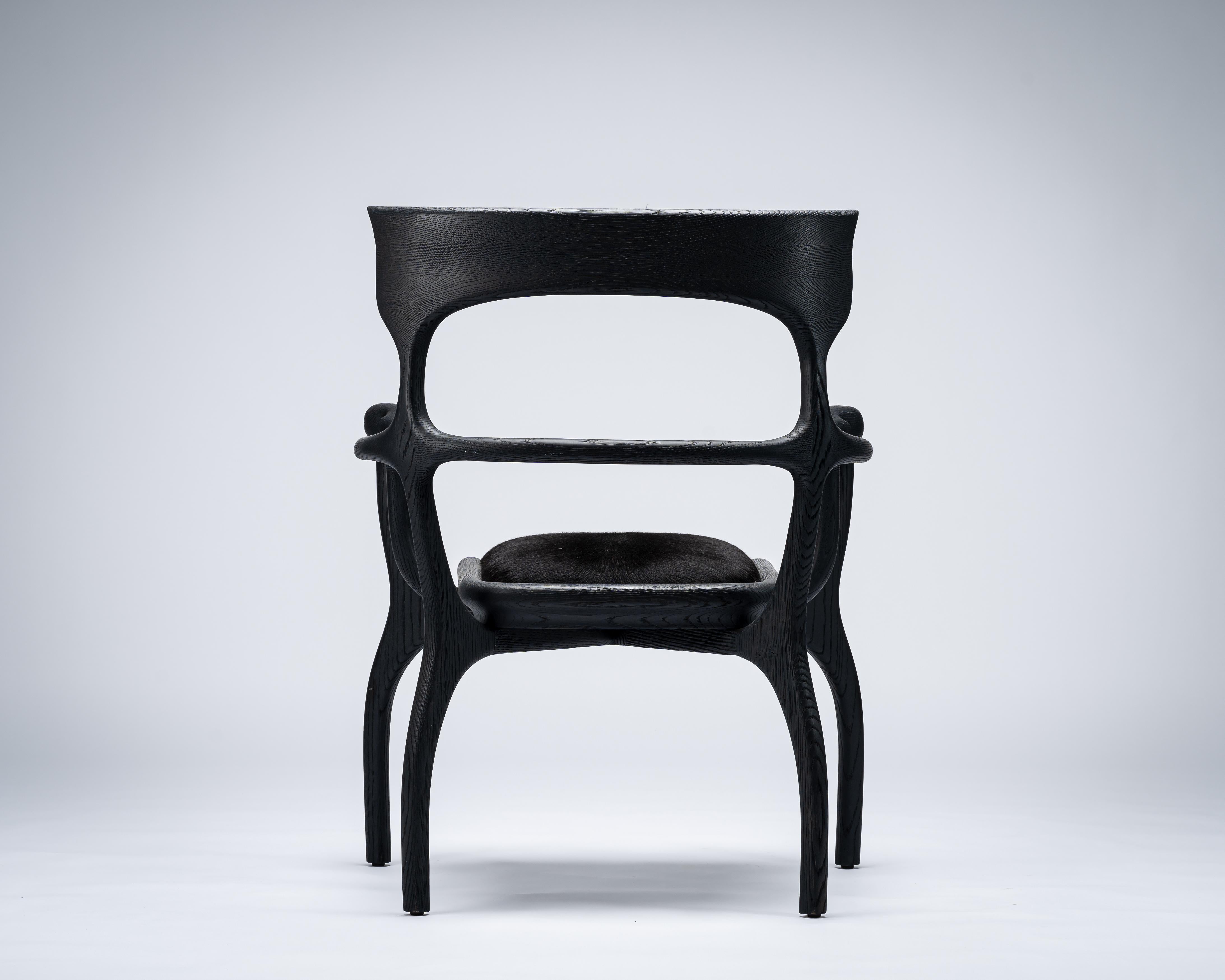 Organic Modern MARTA Black Chair/Armchair in Walnut/Oak with Cowhide Seat by Mandy Graham For Sale