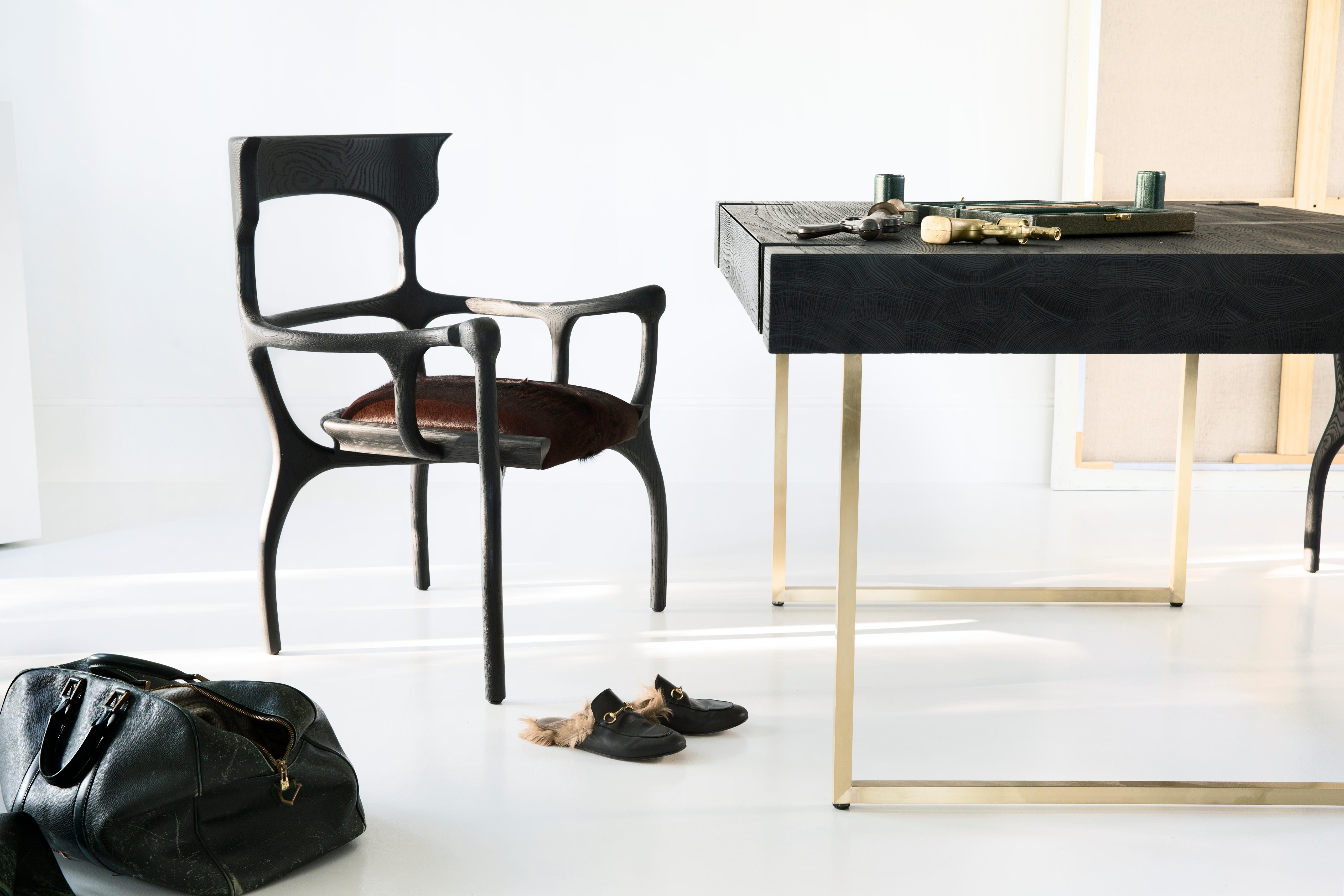 Contemporary Marta Black Oak/Walnut Writing Desk/Table, Brass/Bronze Base/Legs, Mandy Graham