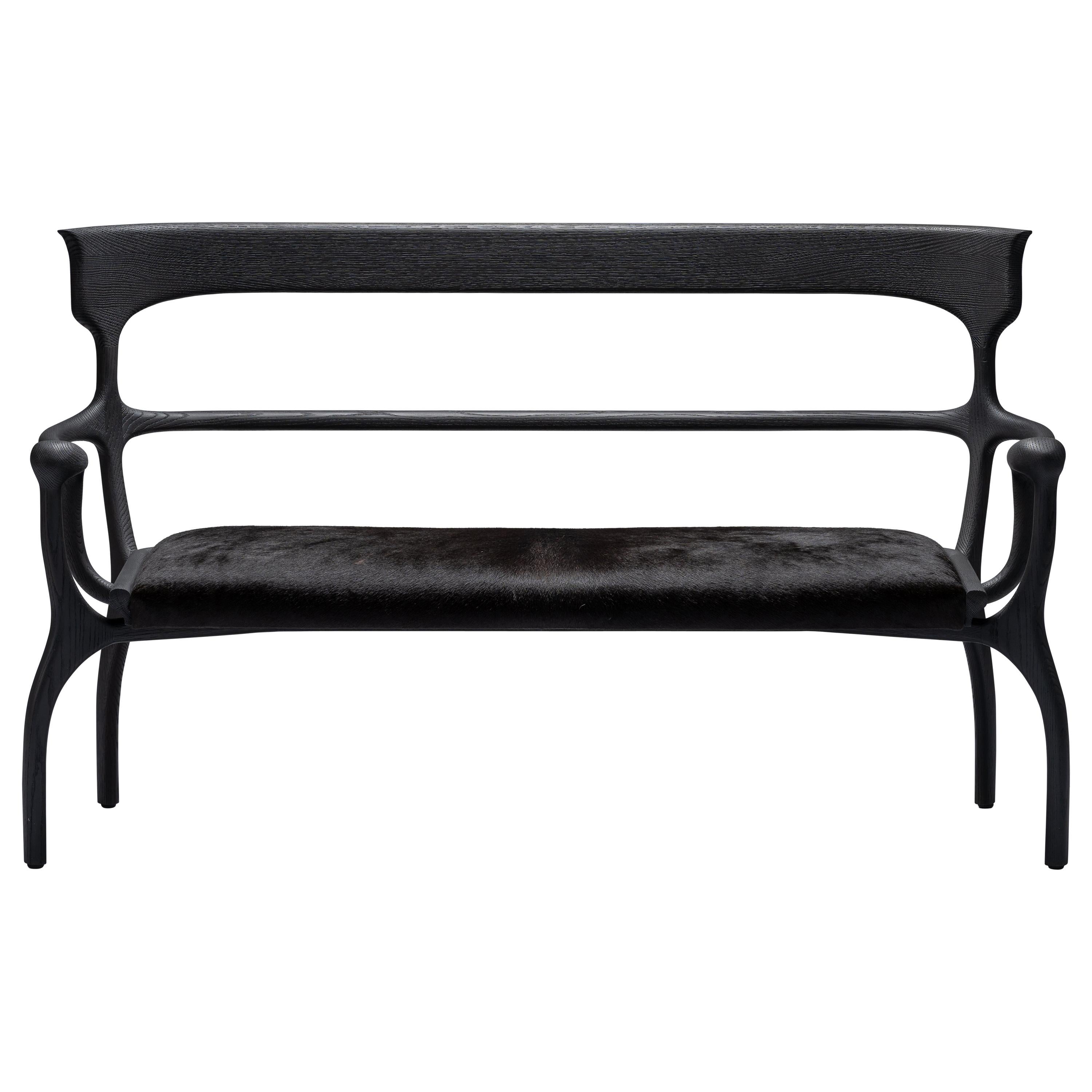 Marta Black Settee/Bench in Walnut/Oak with Leather/Cowhide Seat by Mandy Graham
