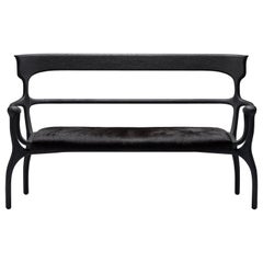 Marta Black Settee/Bench in Walnut/Oak with Leather/Cowhide Seat by Mandy Graham