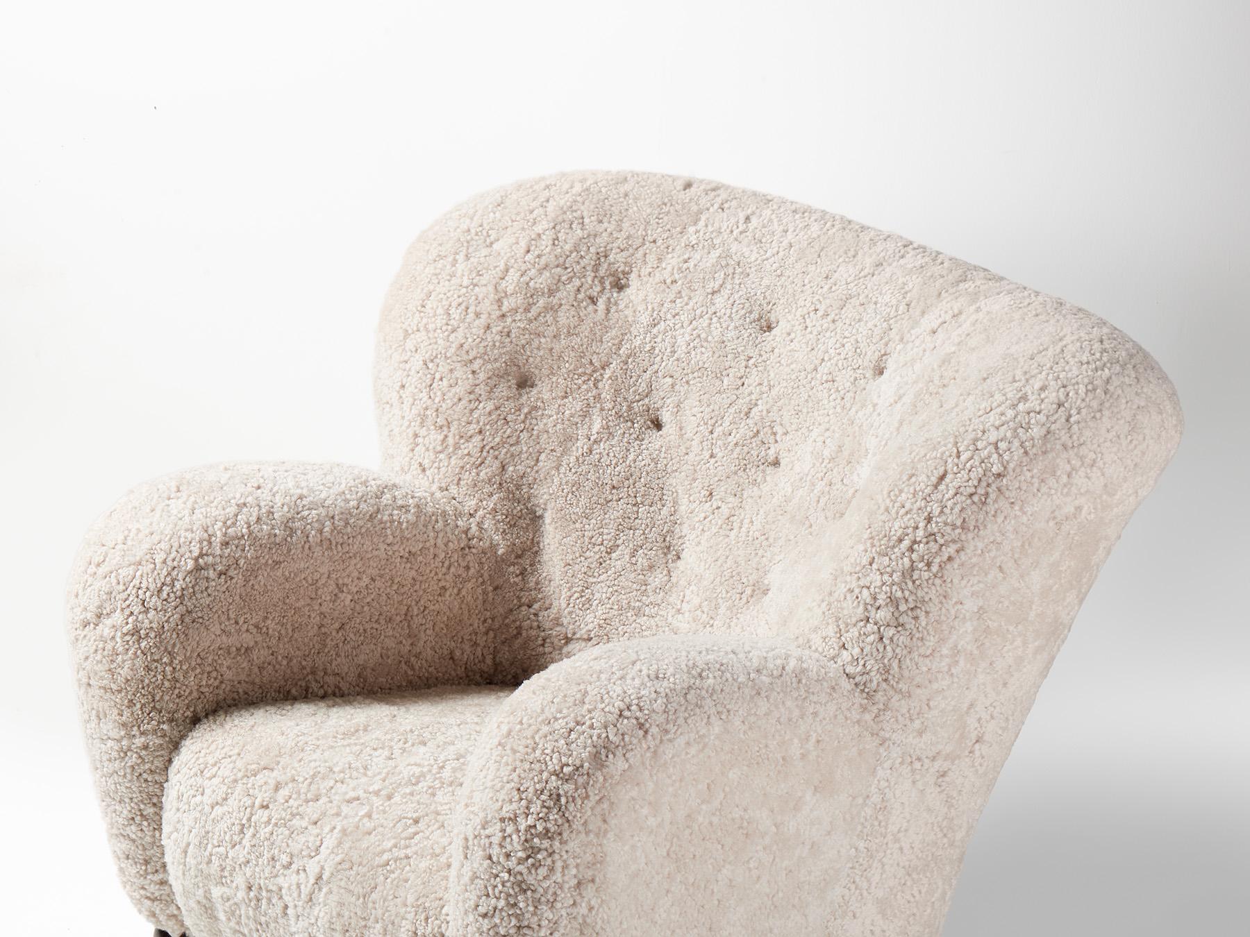 Finnish Marta Blomstedt 1930s Sheepskin Wing Chair for the Hotel Aulanko