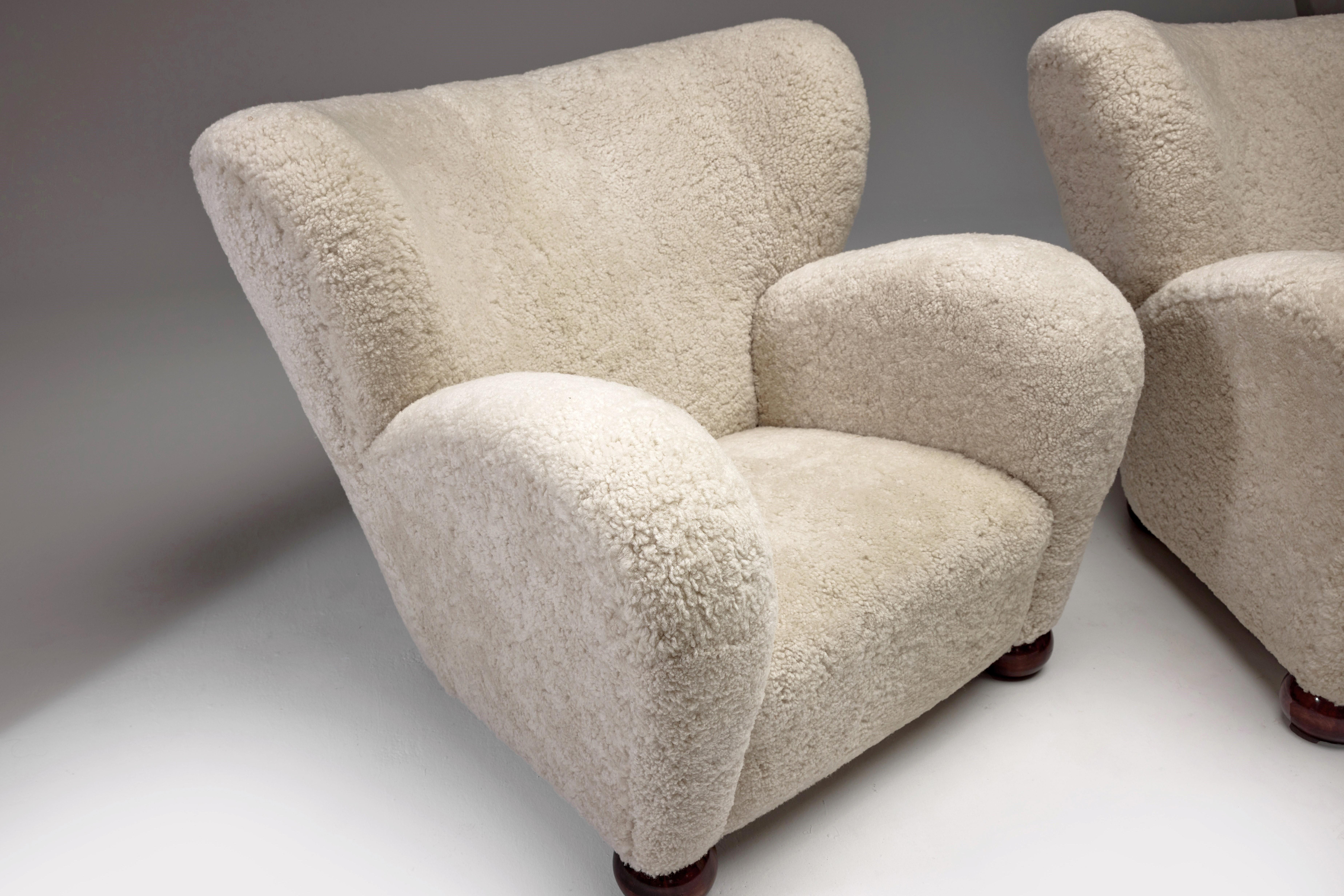Finnish Marta Blomstedt  Sheepskin Wing Chairs for the Aulanko Hotel, Finland, 1930s. For Sale
