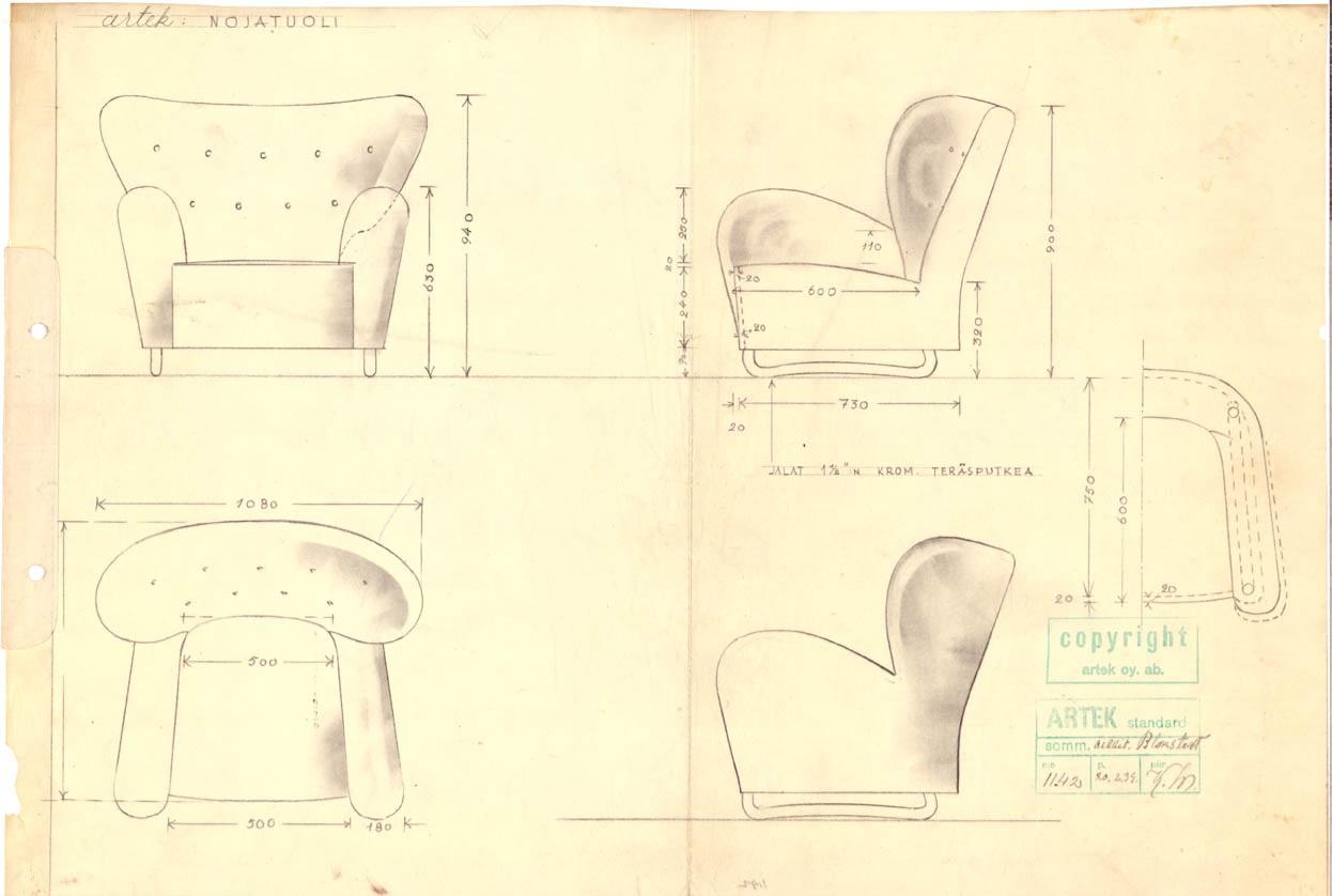 Märta Blomstedt, Sedia da salotto originale Aulanko in pelle di pecora e gambe in acciaio, 1939 in vendita 7
