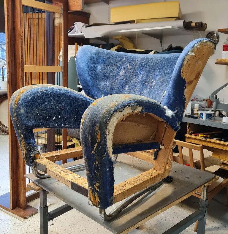 Märta Blomstedt, Sedia da salotto originale Aulanko in pelle di pecora e gambe in acciaio, 1939 in vendita 11