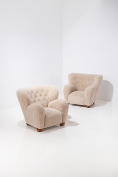 Marta Blomstedt Pair of Easy Chairs in Sheepskin, Model Aulanko, Finland