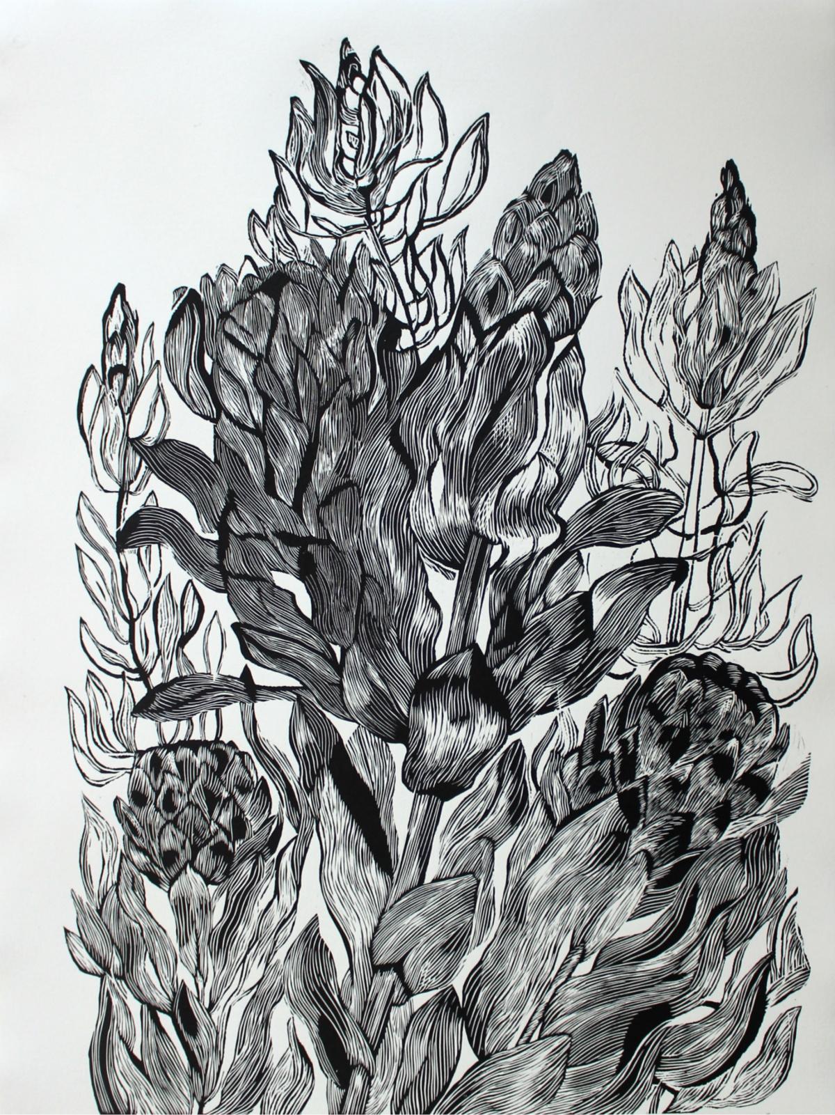 Protea - XXIe siècle, linogravure à fleurs contemporaine, noir et blanc