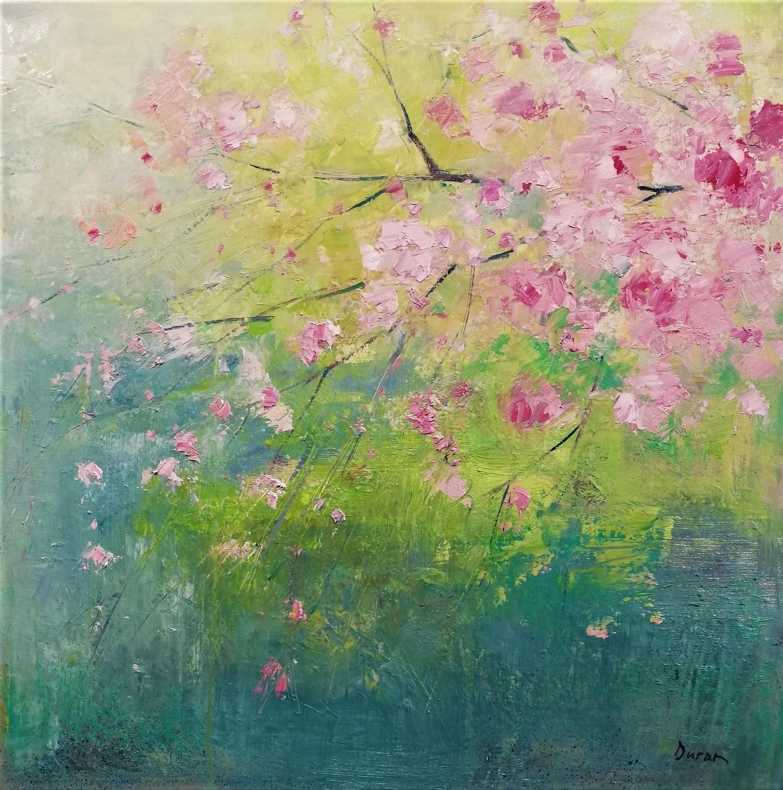 Marta Duran Landscape Painting - "Spring Emotion II" 60x60cm oil on canvas cherry blossoms spring flowers hope 