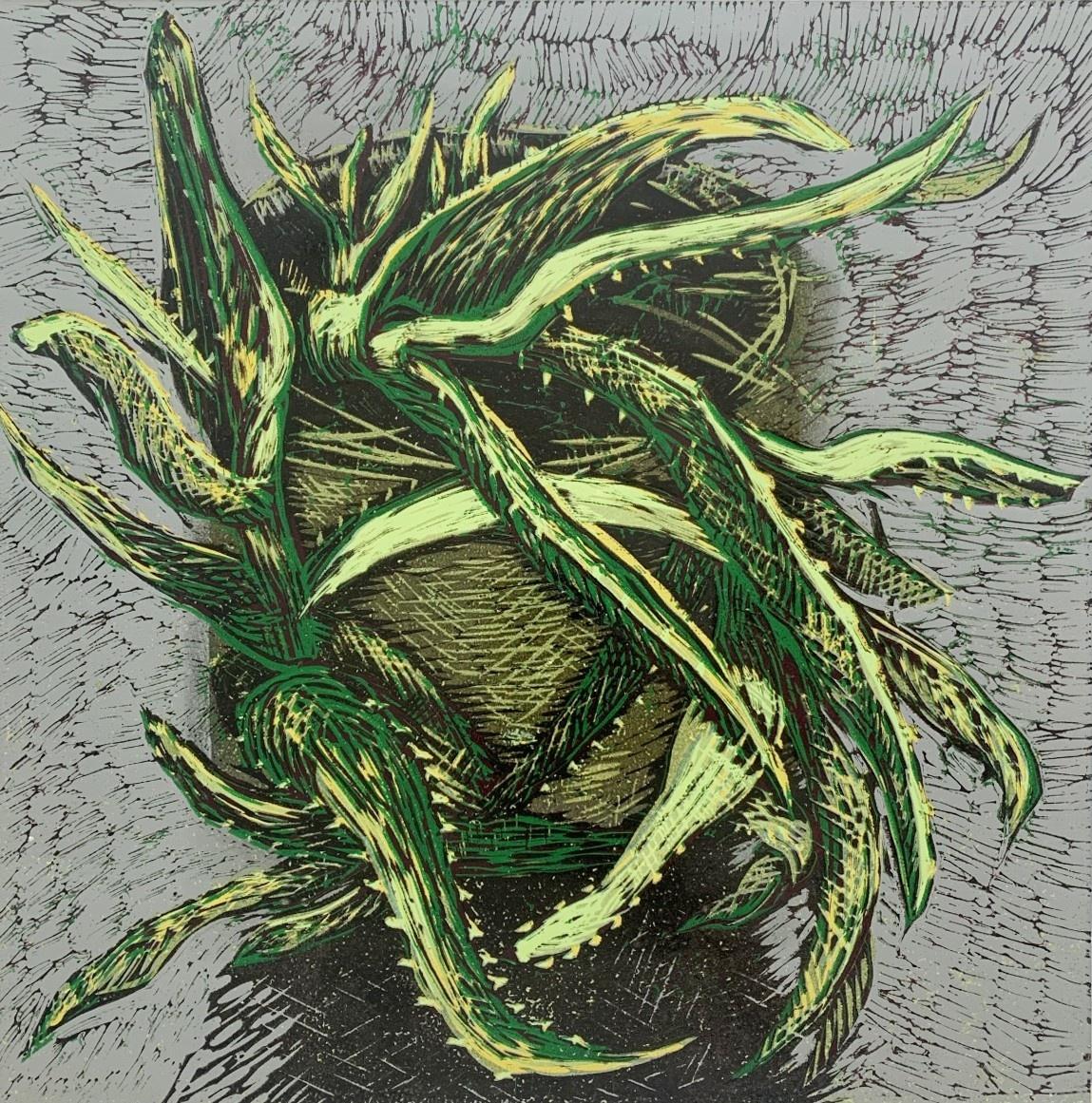 Figurative Print de Marta Garbaczewska - Aloe. Bodegón figurativo contemporáneo en linograbado de edición limitada, artista polaco