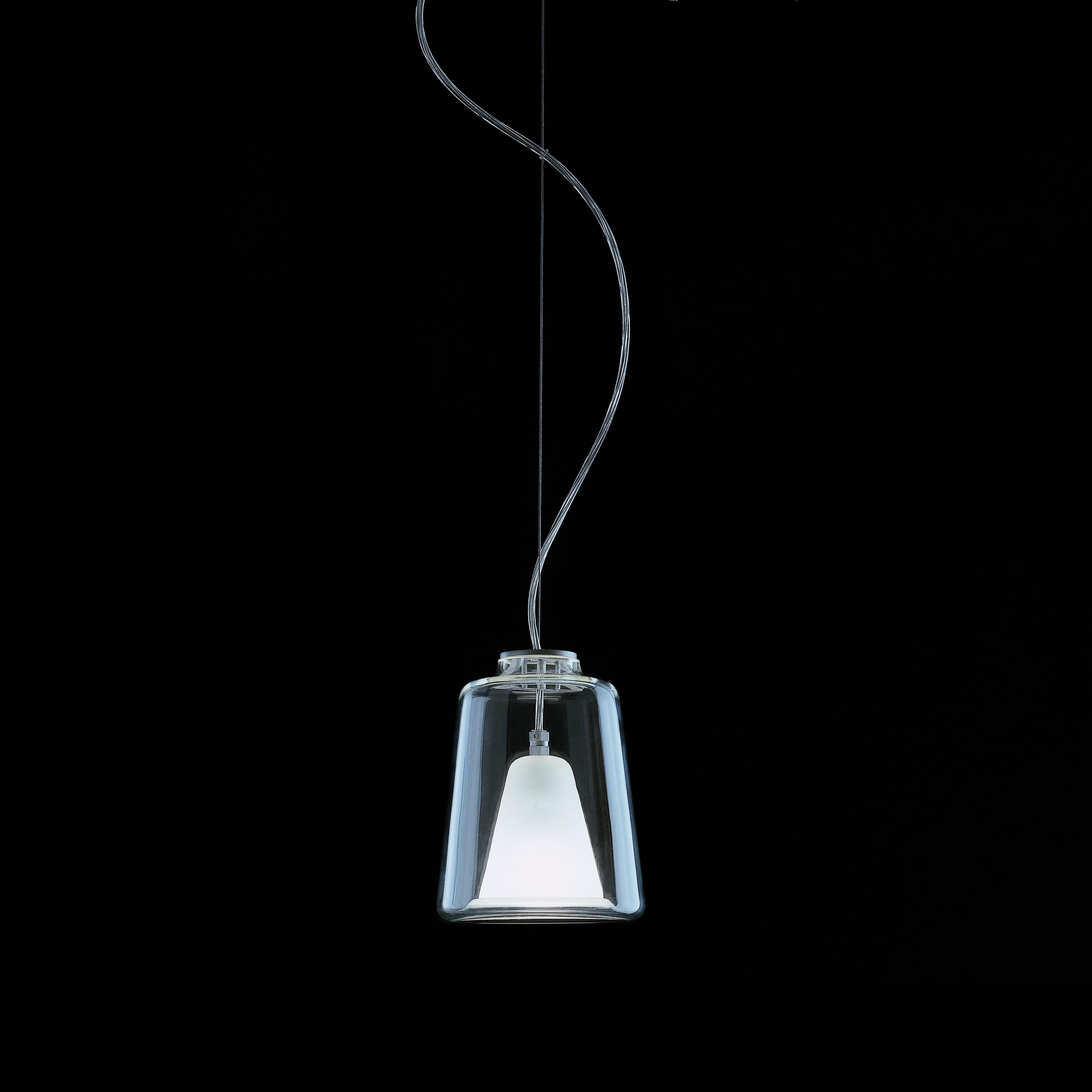 Suspension lamp 'Lanterna' designed by Marta Laudani & Marco Romanelli in 1998-2001. Suspension lamp giving diffused light. Transparent and sand-blasted Murano glass diffusers. Glazed anodized metal structure. Manufactured by Oluce, Italy.

With