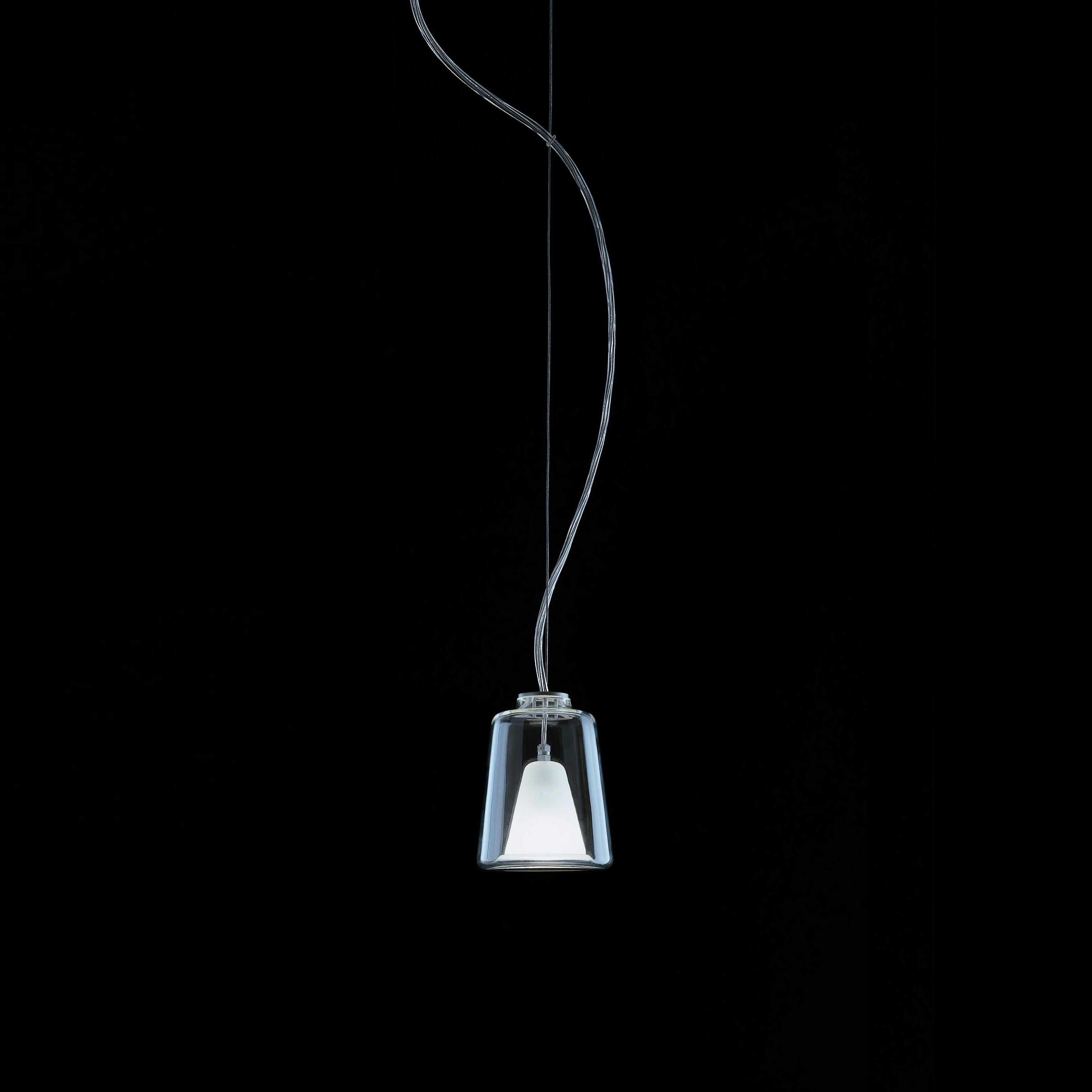 Suspension lamp 'Lanternina' designed by Marta Laudani & Marco Romanelli in 1998-2001. Suspension lamp giving diffused light. Transparent and sand-blasted Murano glass diffusers. Glazed anodized metal structure. Manufactured by Oluce, Italy.

With