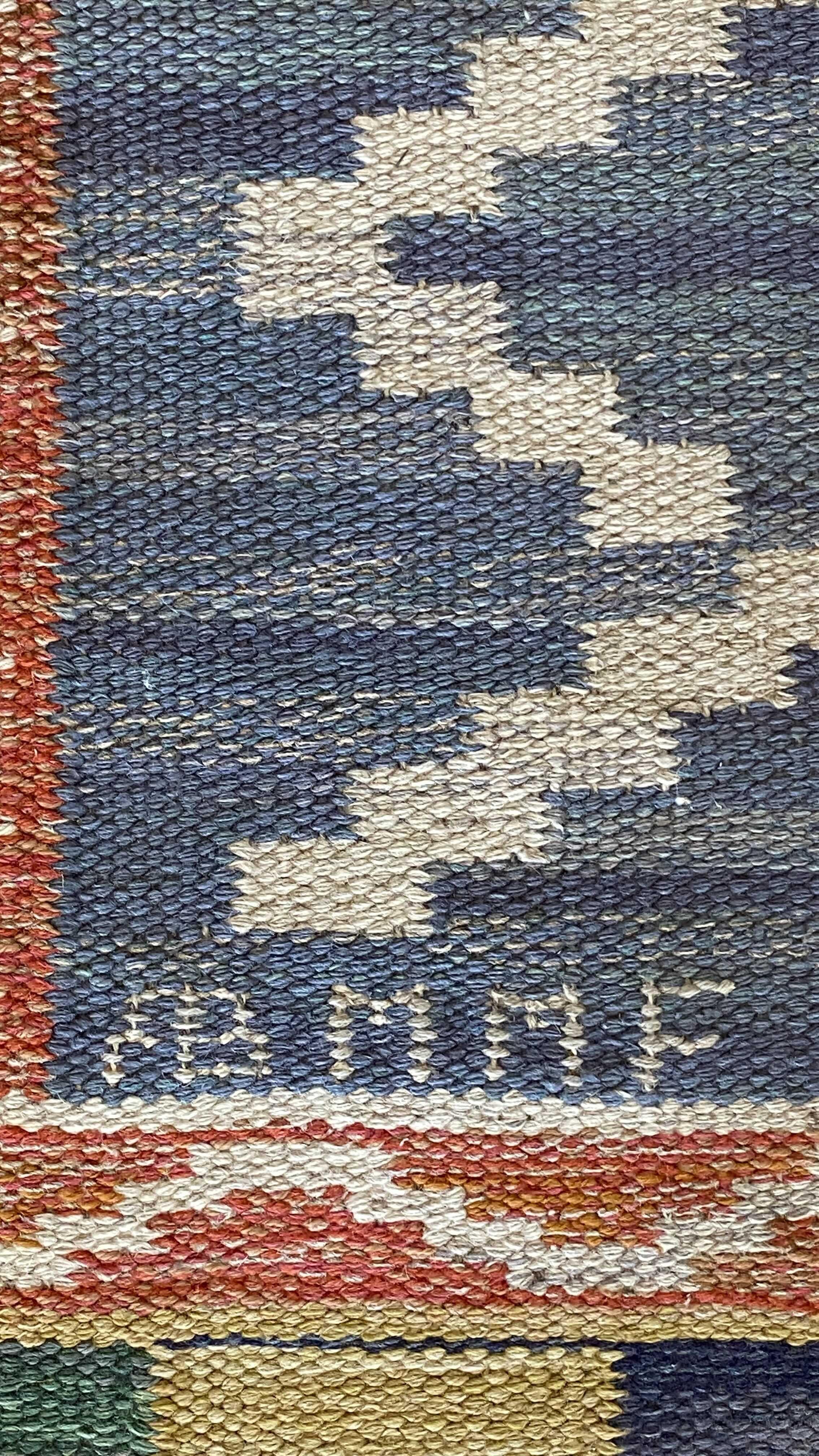 A rare handwoven modernist flat-weave carpet or rug by Märta Måås-Fjetterström. Handwoven in wool, using a Kilim technique. Signed. Designed circa 1950s.

Other artists include Berit Woelfer, Barbro Nilsson, Ann-Marie Hoke, Ingegerd Silow and