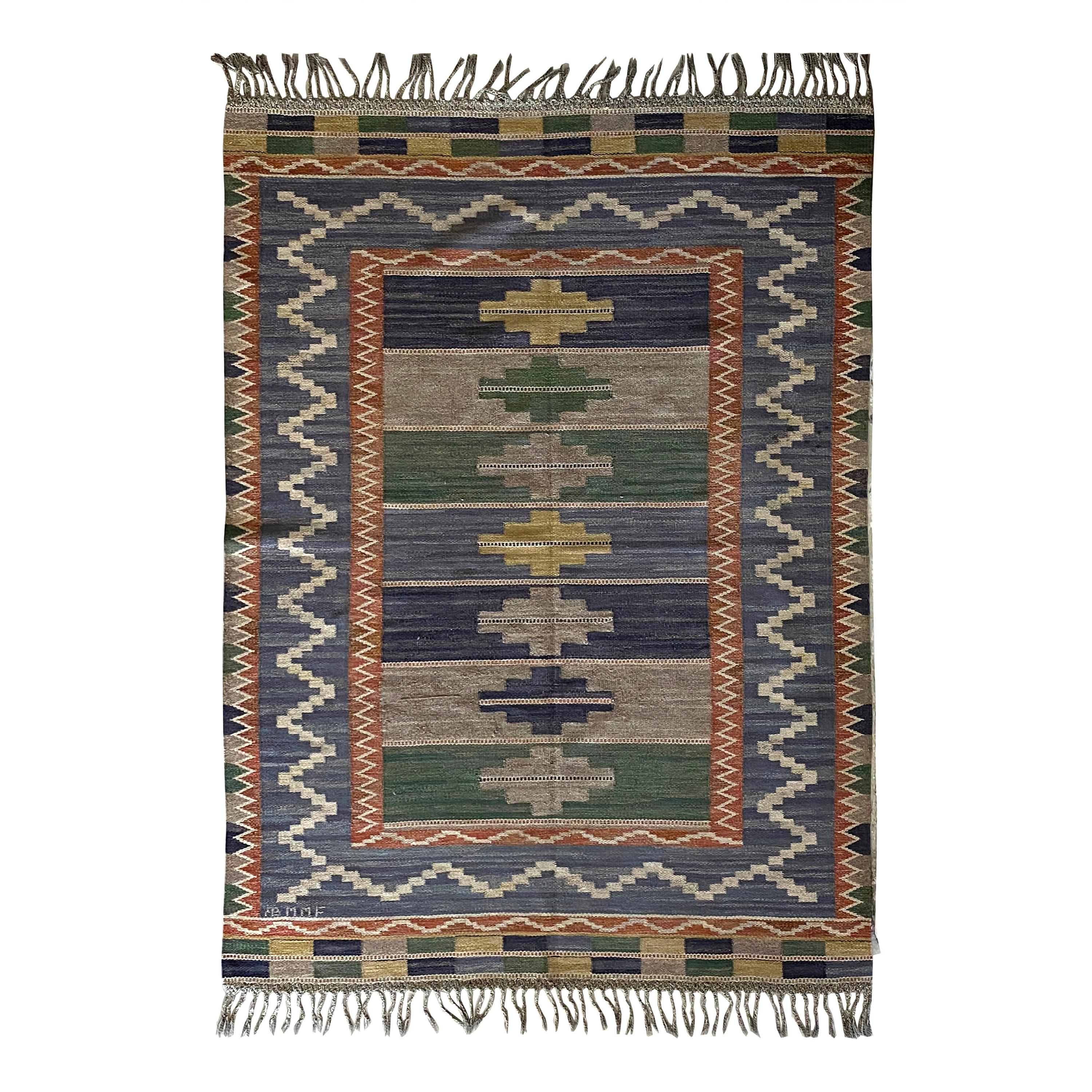 Märta Måås-fjetterström "Blå Taggen" Flat-Weave Carpet, Dyed Wool, Sweden, 1950s