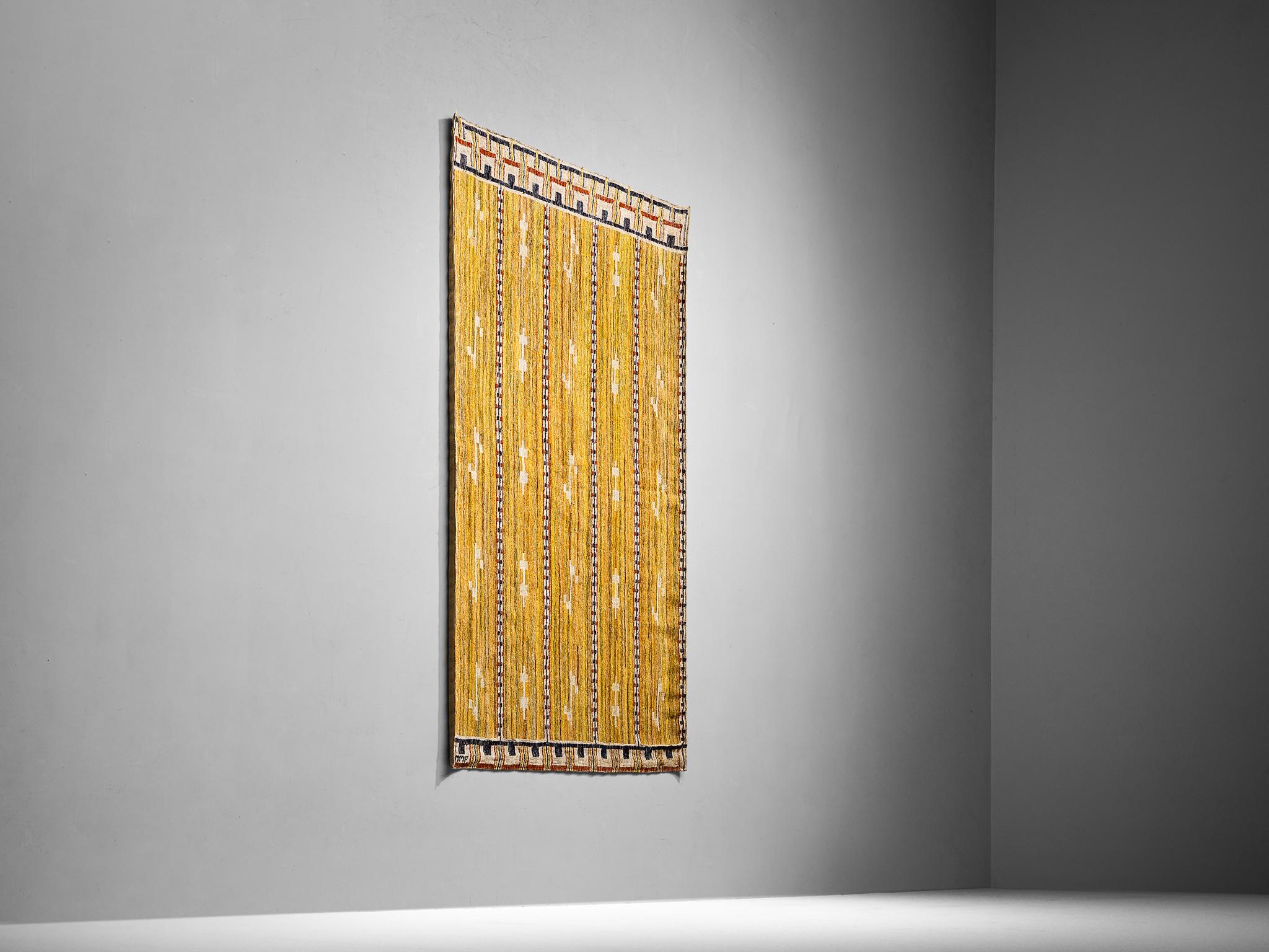 Märta Måås Fjetterström for MMF, ‘Gul våd’ wall tapestry, wool, linen, Sweden, design 1924, executed before 1942. 

This handwoven Gul våd’ tapestry is designed by one of the most influential and leading Swedish textile artists of the twentieth